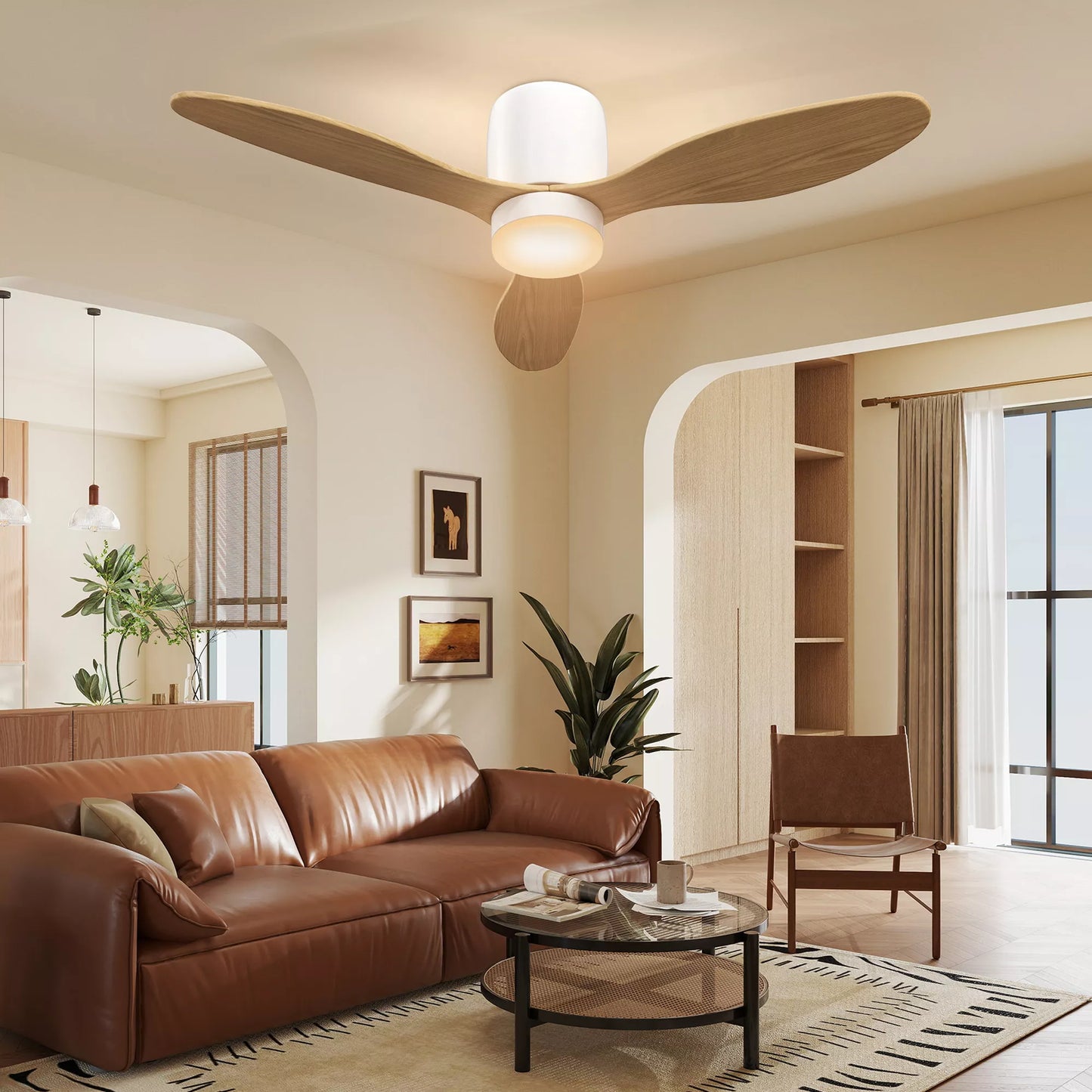 Lubų ventiliatorius su reguliuojamu apšvietimu ir nuotolinio valdymo pultu 115 cm, 3 spalvos, 3 mentės, 6 greičiai, laikmatis, natūrali apdaila