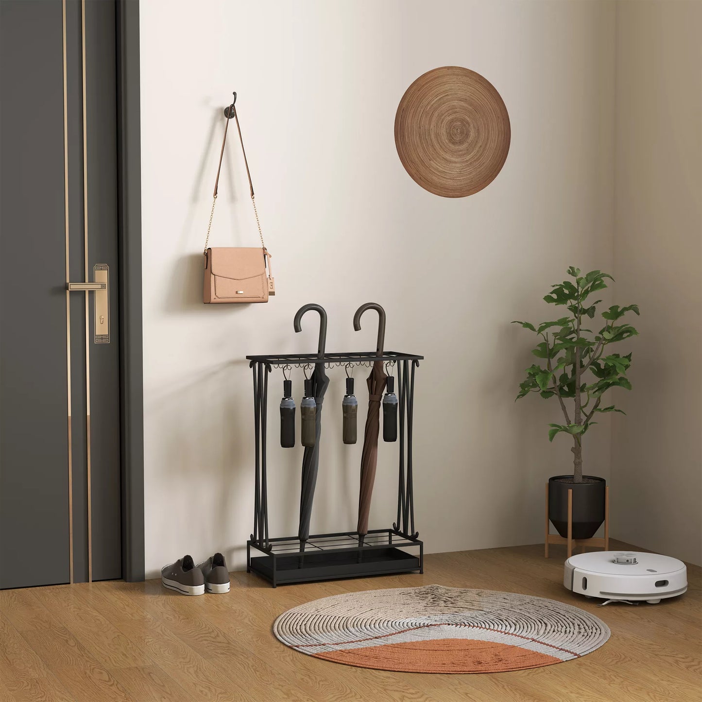 Skėčių stovas su išimamu vandens rinktuvu, skėčių stovas su 21 anga ir 24 kabliukais, plienas, juodas