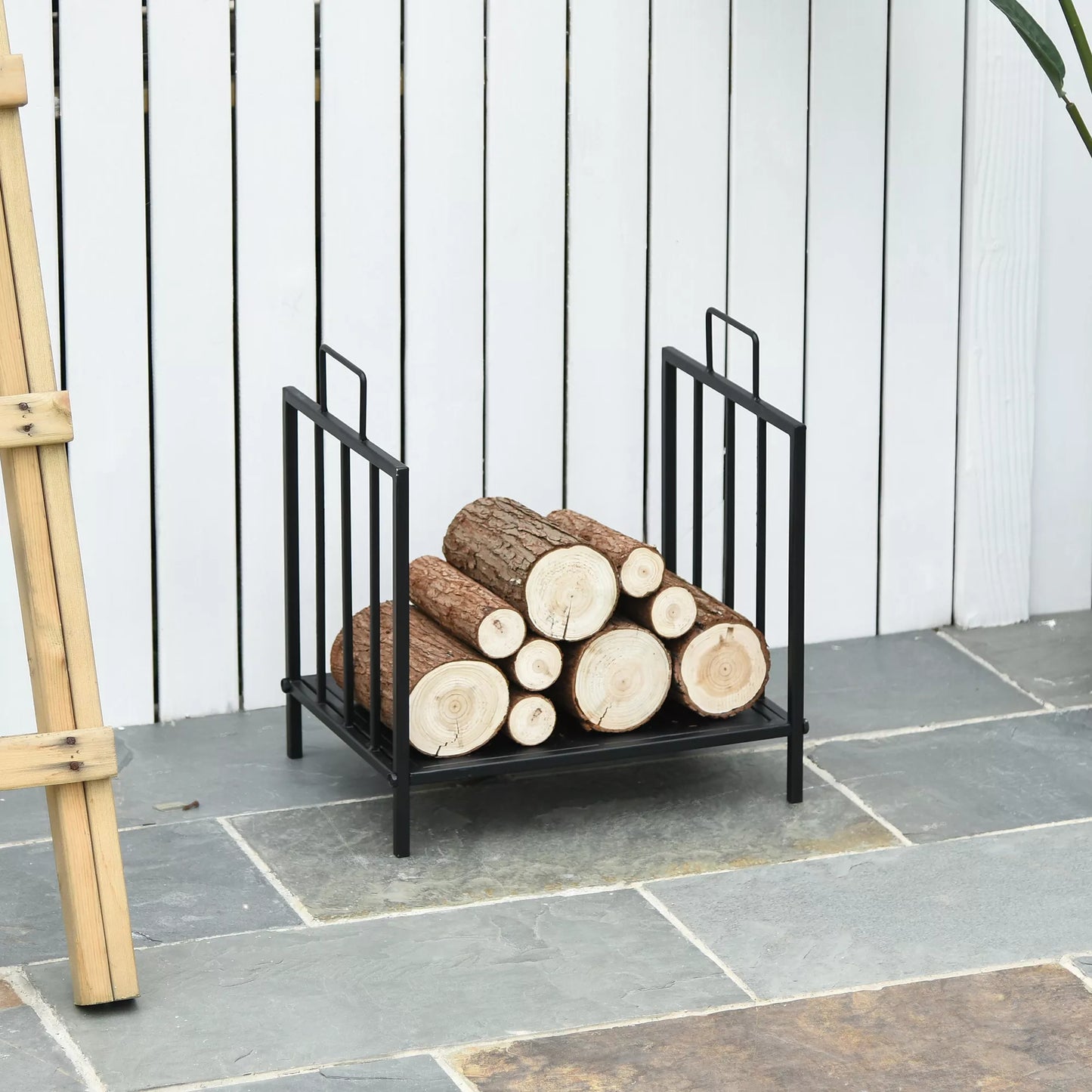 Vidaus malkų laikiklis su rankenomis, 44,5 x 33 x 46,5cm, juodo metalo, židiniui