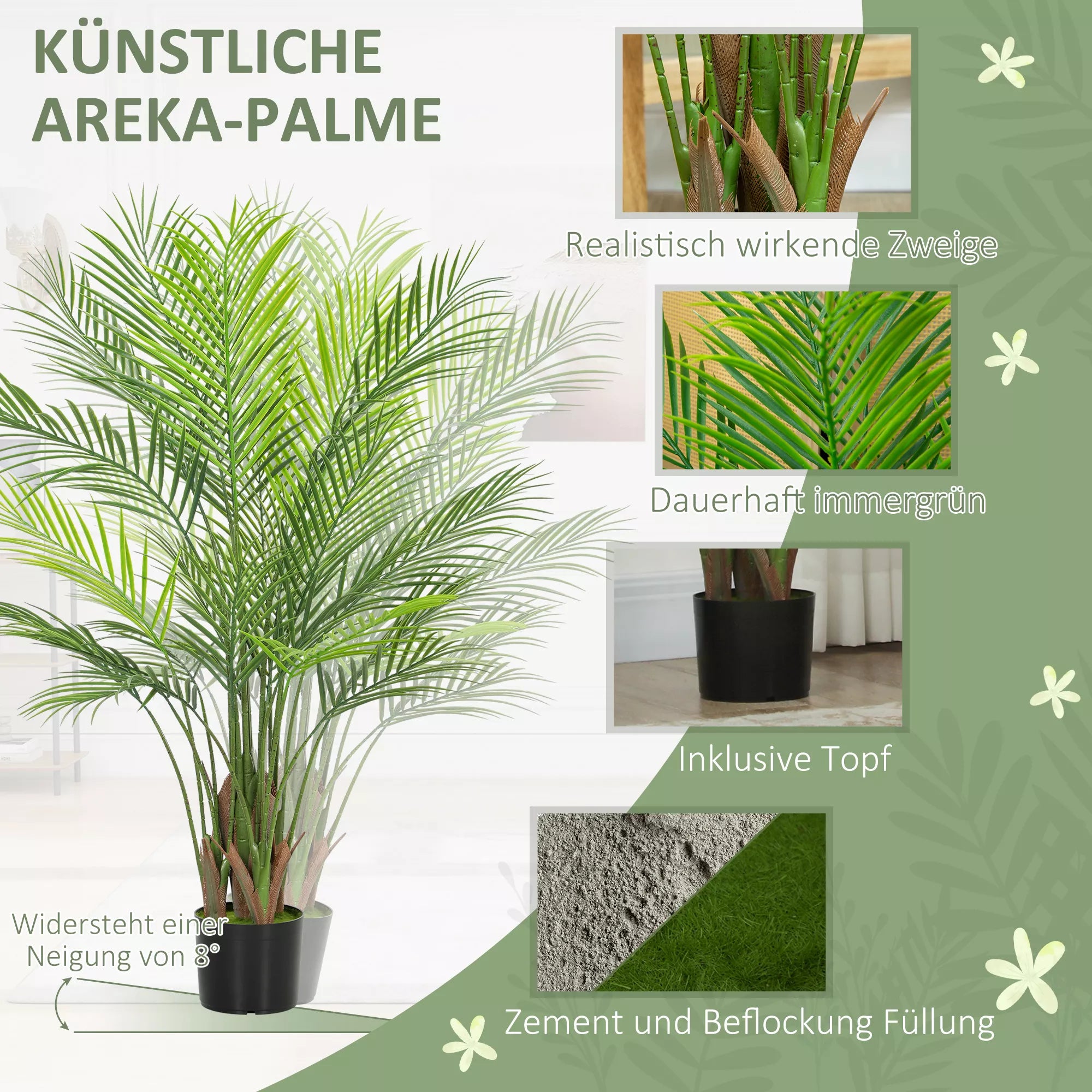 Dirbtinė palmė Areca 120 cm su vazonu, žalia