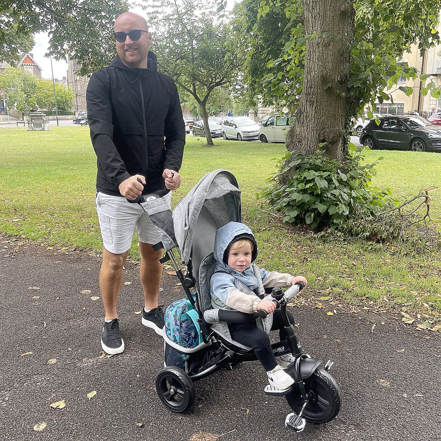 Vaikų triratukas, vaikiškas dviratukas, galinis krepšys, puodelio laikiklis, stogelis nuo saulės, metalinis, pilkas