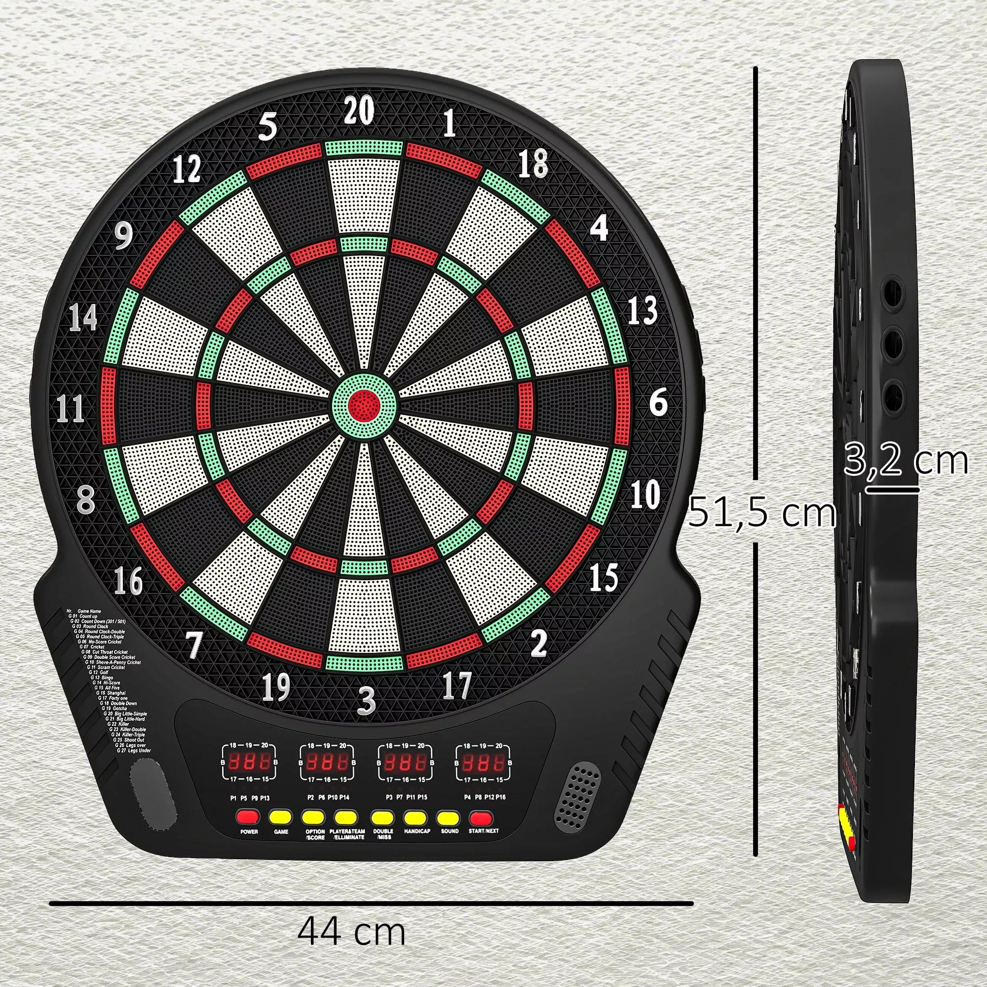 Elektroninė smiginio lenta (dartboard) – smiginio rinkinys su LED ekranu, automatiniu taškų skaičiavimu, garso efektais, 6 strėlytėmis, 24 antgaliais, 27 žaidimais ir 243 taškų rinkimo variantais, 16 žaidėjų, 44 x 51,5 x 3,2 cm