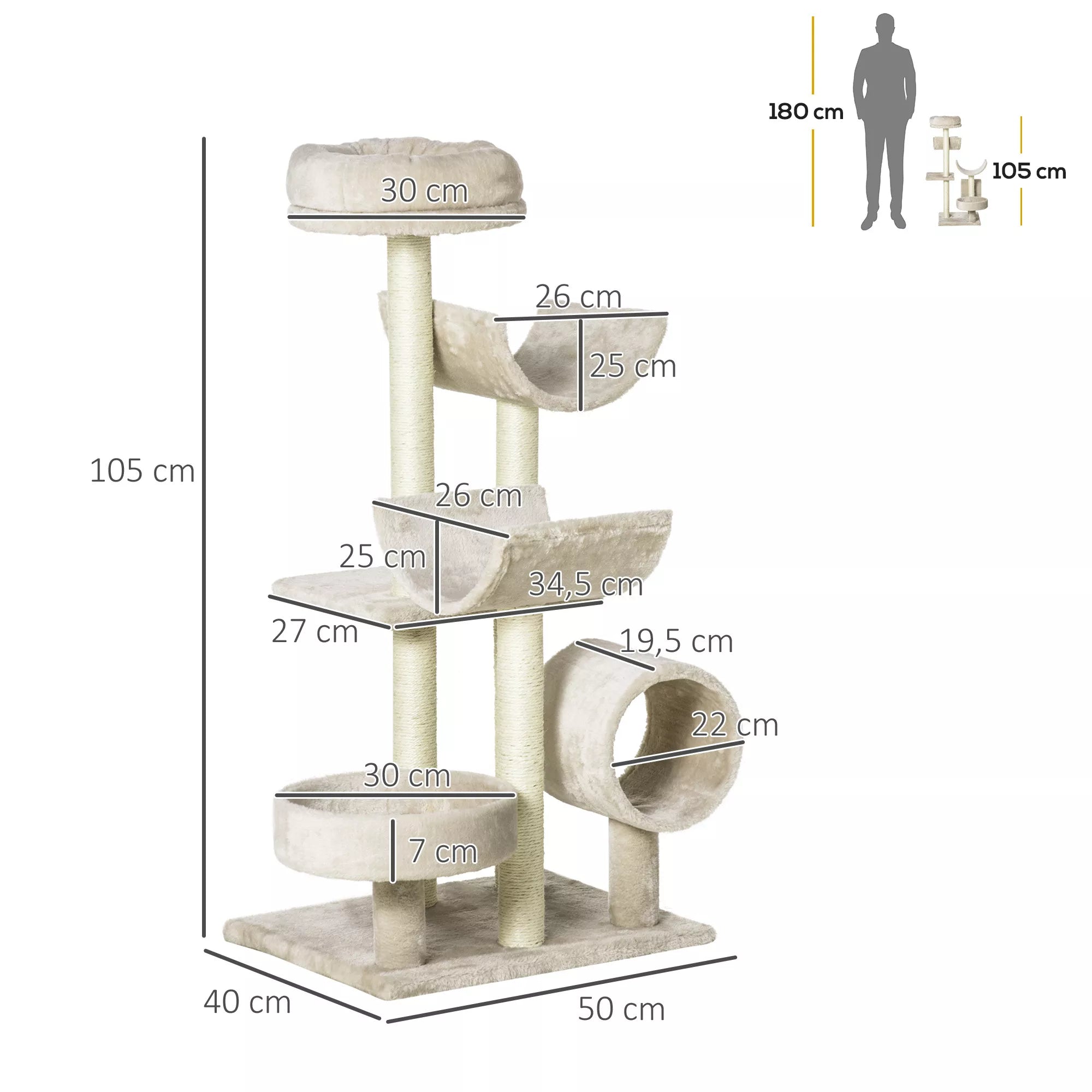 Katės draskyklė su tuneliu ir platformomis, 105 cm, smėlio spalvos