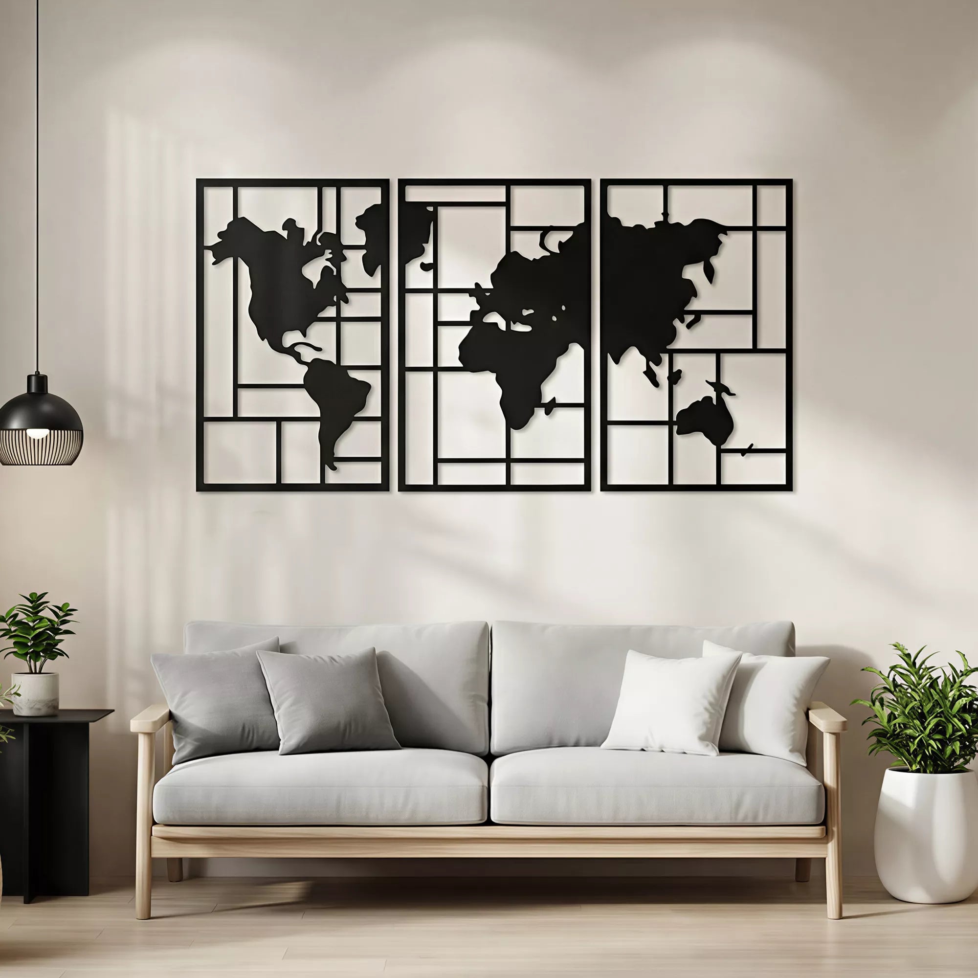 Metalinė sienos dekoracija pasaulio žemėlapis, trijų dalių sienos menas, metalas, 50 x 80 cm, juoda