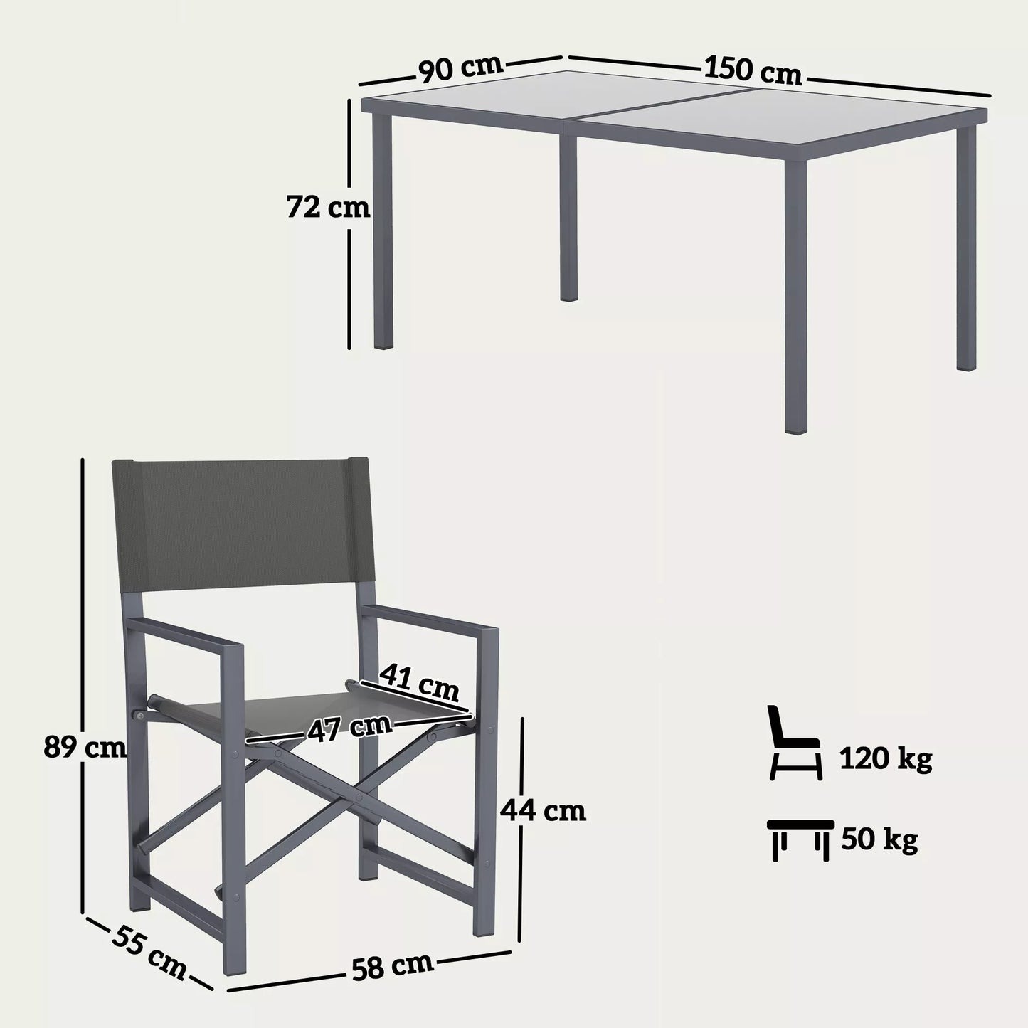 5 dalių sėdimoji grupė, valgomojo komplektas, plienas, 4 asmenims, su 4 sulankstomomis kėdėmis, pilka stiklo stalviršio stalo