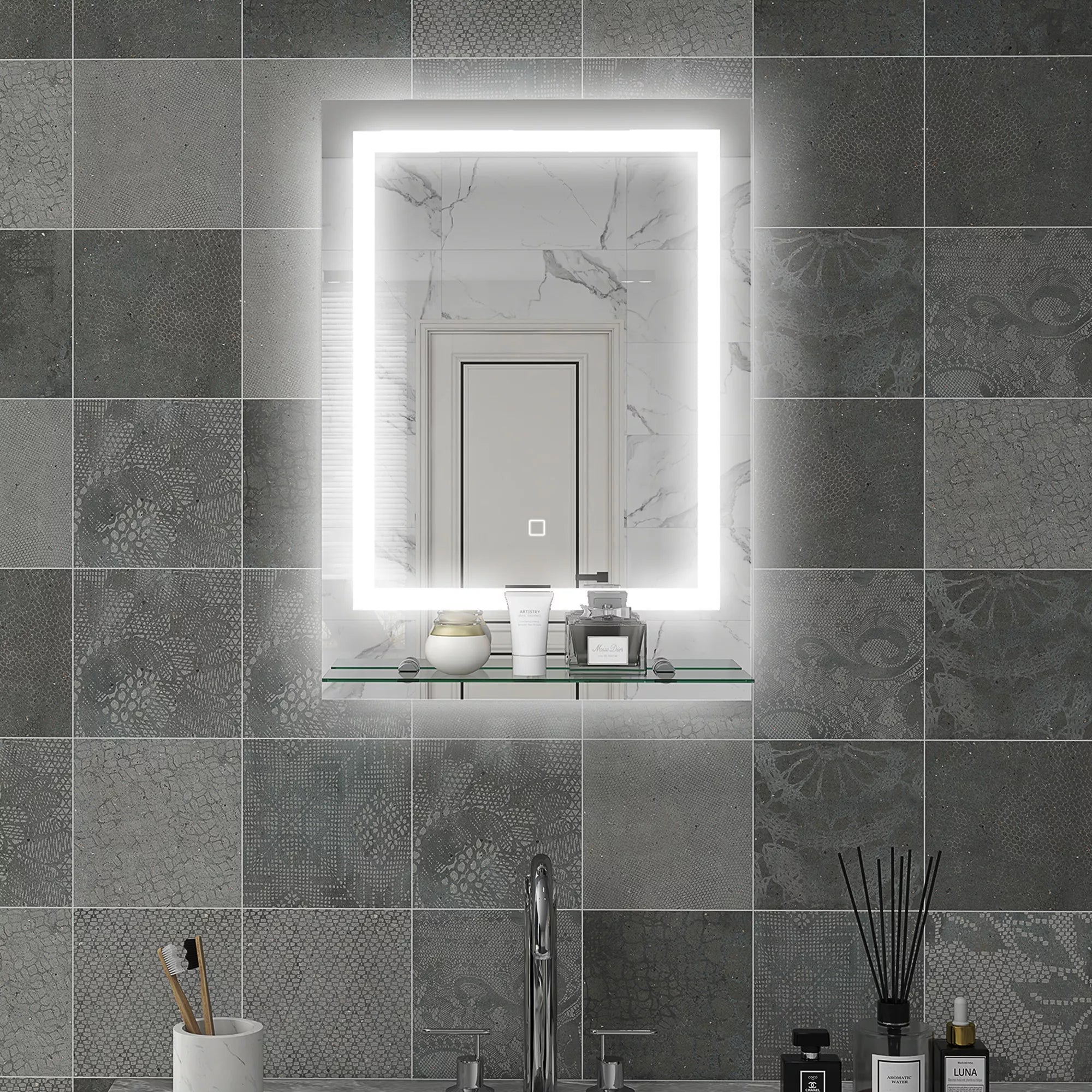 Vonios veidrodis su LED apšvietimu, 3 šviesos spalvos, apsauga nuo rasos, laidinis, 70 x 50 cm