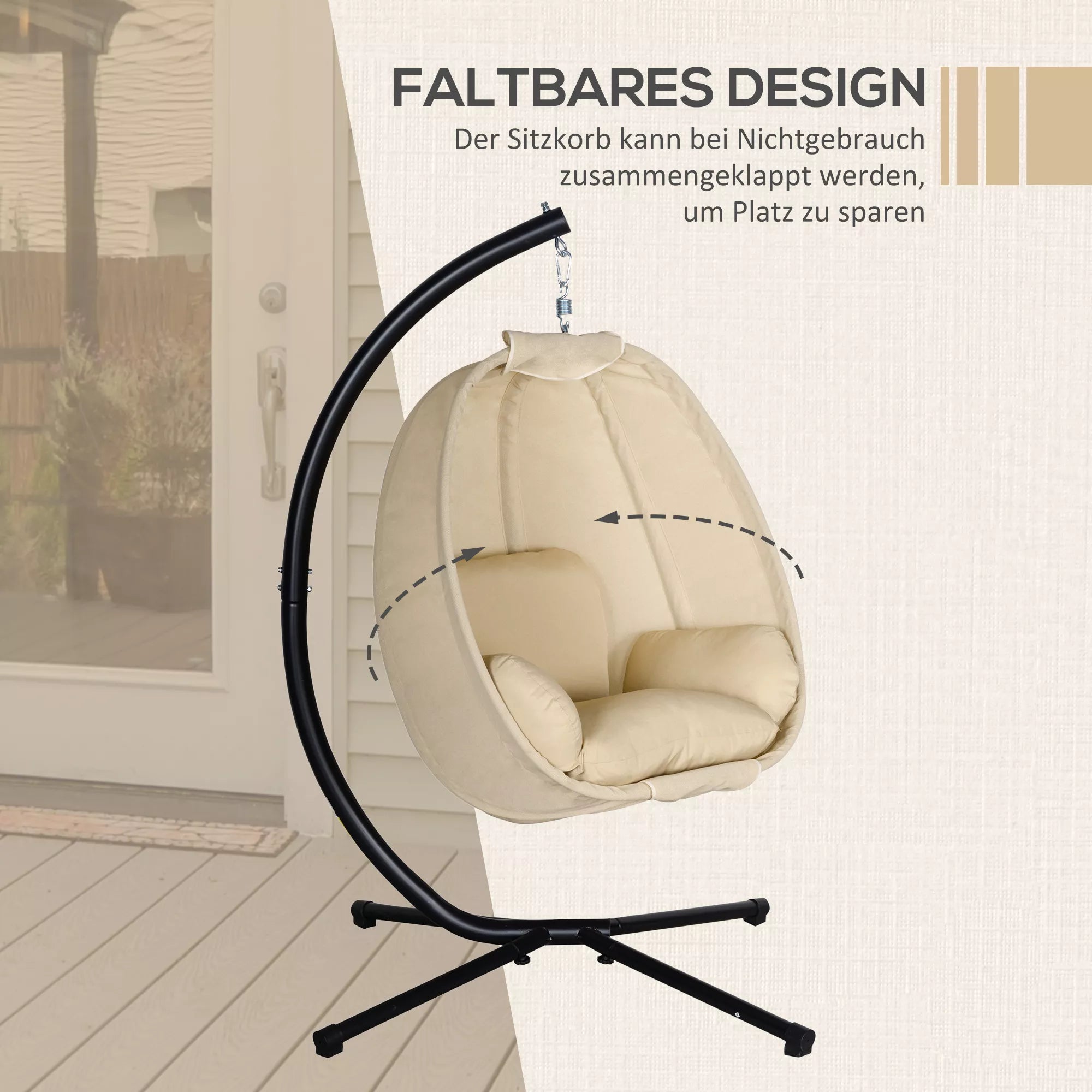 Kabantis krėslas, kiaušinio formos sūpynės su minkštu pagalvėliu, tinka naudoti viduje ir lauke, 125L x 95B x 170H cm, chaki spalvos