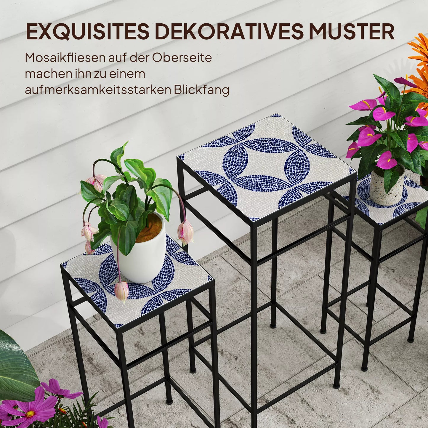 3 vnt. augalų stovų rinkinys, 3 skirtingų dydžių stovai gėlėms ir kitiems daiktams eksponuoti, Mėlyna+Balta