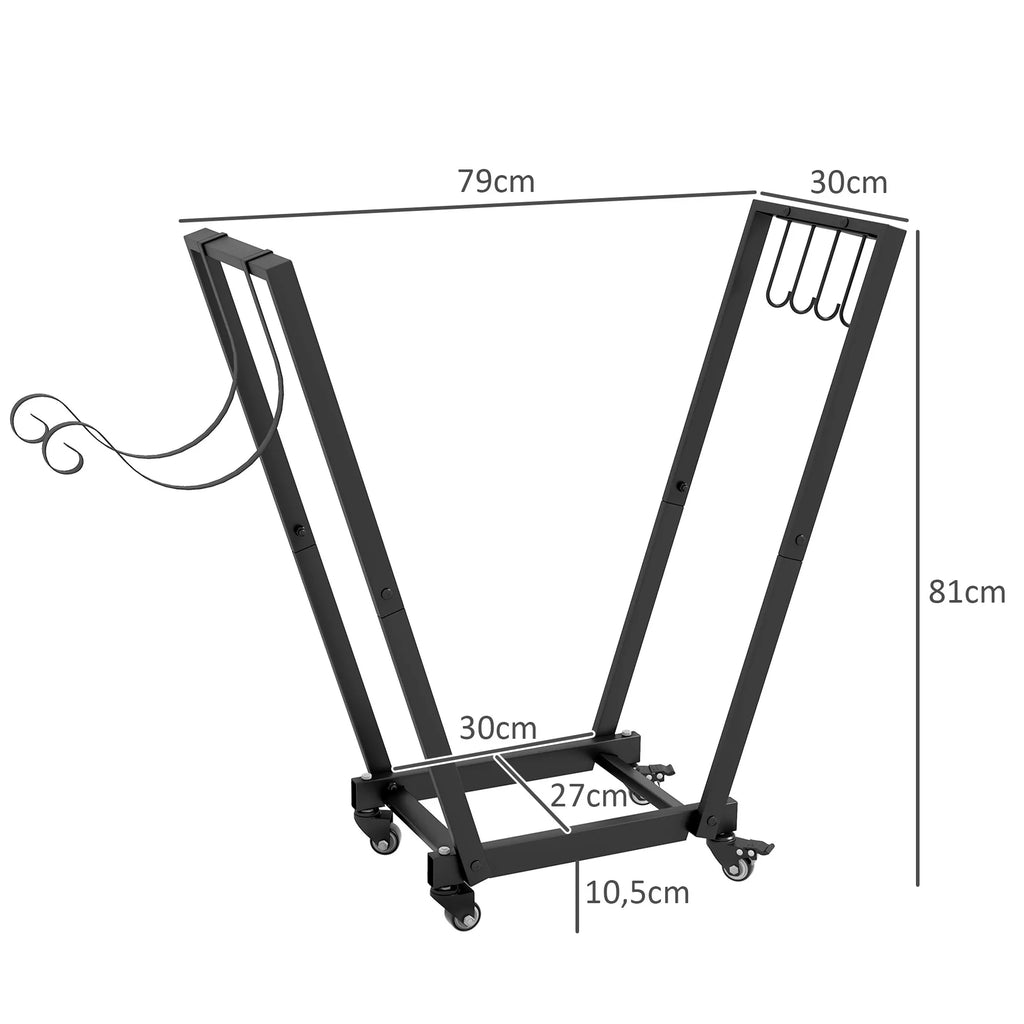 Malkų stovas, trapecijos formos dizainas, milteliais dengtas metalas, mobilus su ratukais, 79 x 30 x 81 cm, juodas