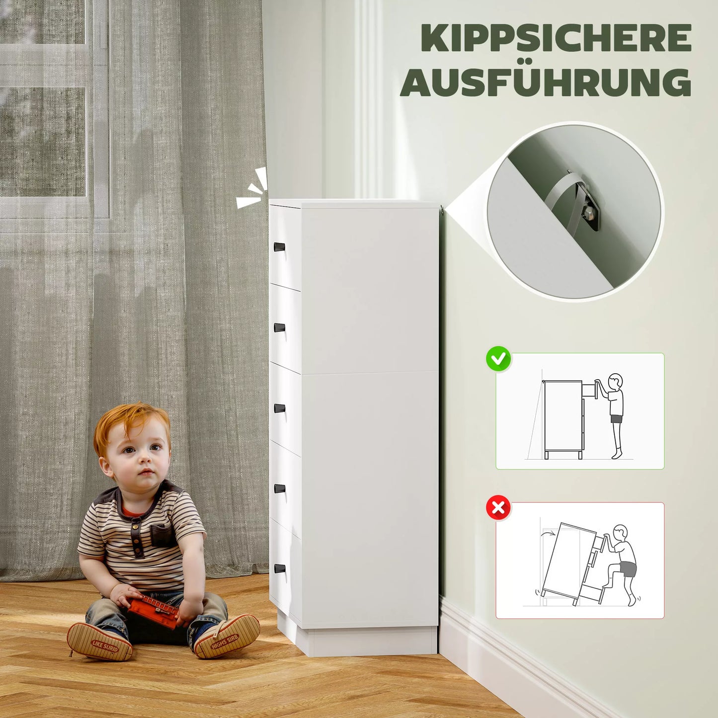 Komoda-spintelė su 5 stalčiais, modernaus stiliaus baldas iš medžio drožlių plokštės, 47 x 29 x 95 cm, balta