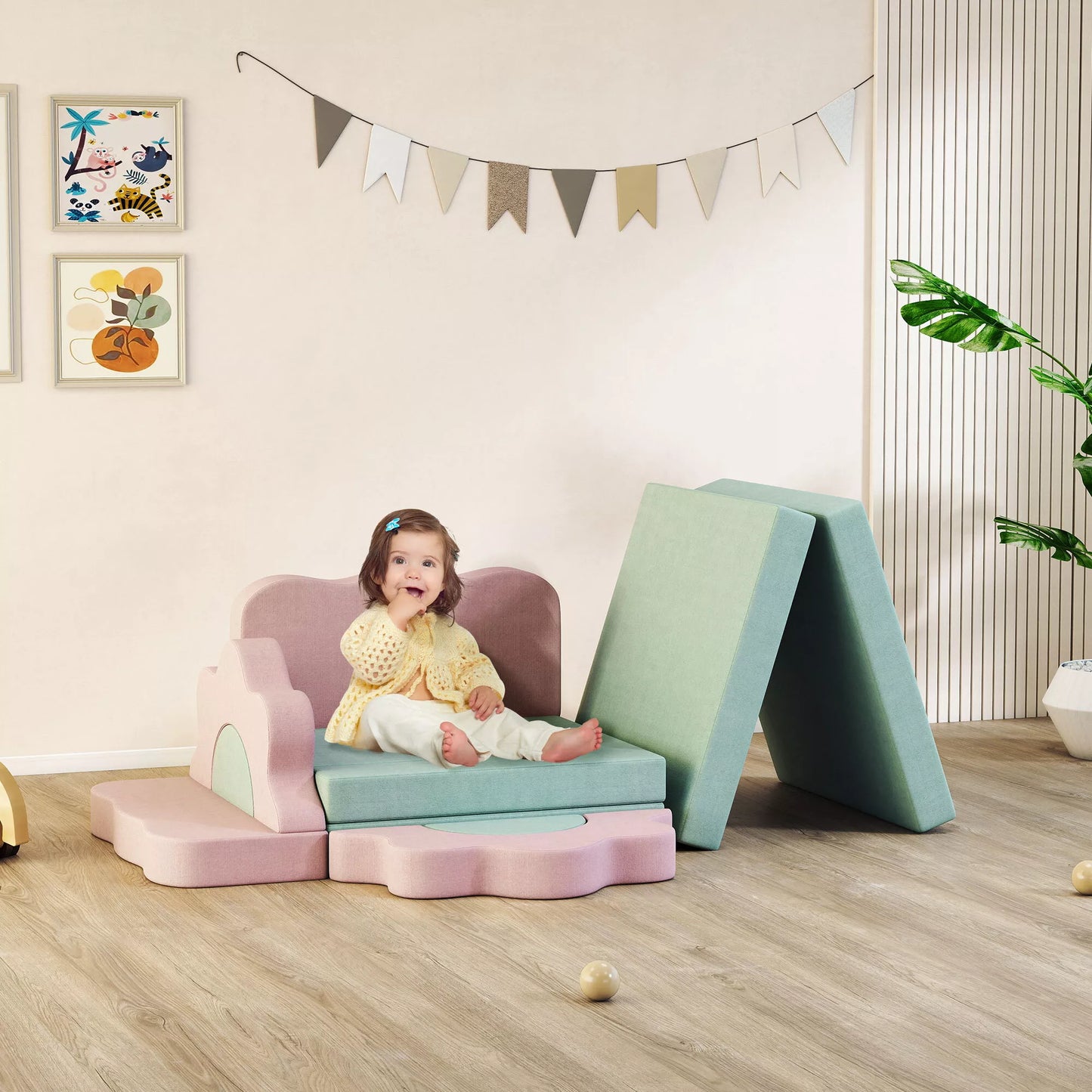 12 dalių putplasčio blokų rinkinys laipiojimui, statyboms, ropojimui, vidinėms žaidimų aikštelėms su corduro audinio užvalkalu, žalia+rožinė