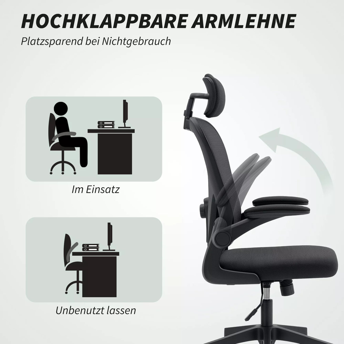 Ergonomiška biuro kėdė su atlenkiamais porankiais, reguliuojama juosmens atrama, juoda