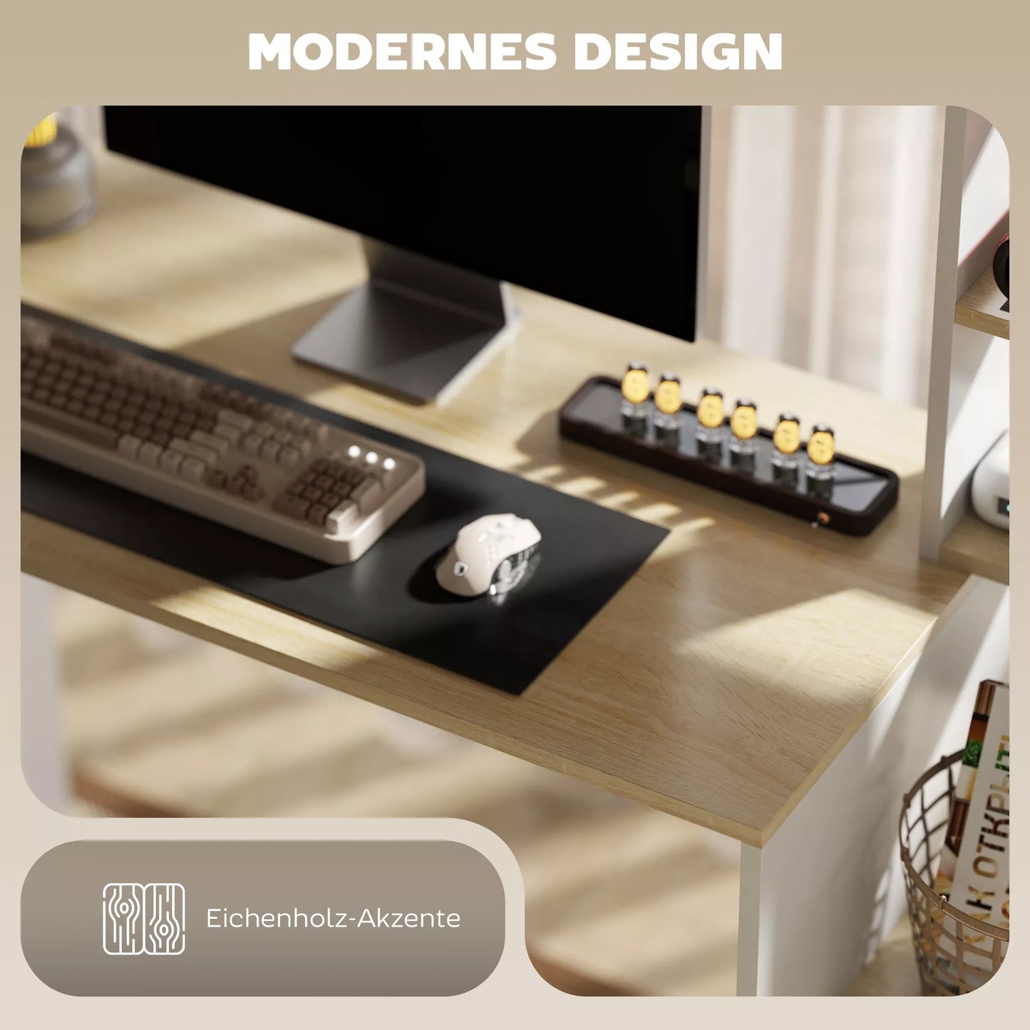 Kompiuterinis stalas, rašomasis stalas su atviromis lentynomis ir laikymo skyreliais, plieninis, šviesiai rudos+baltos spalvos