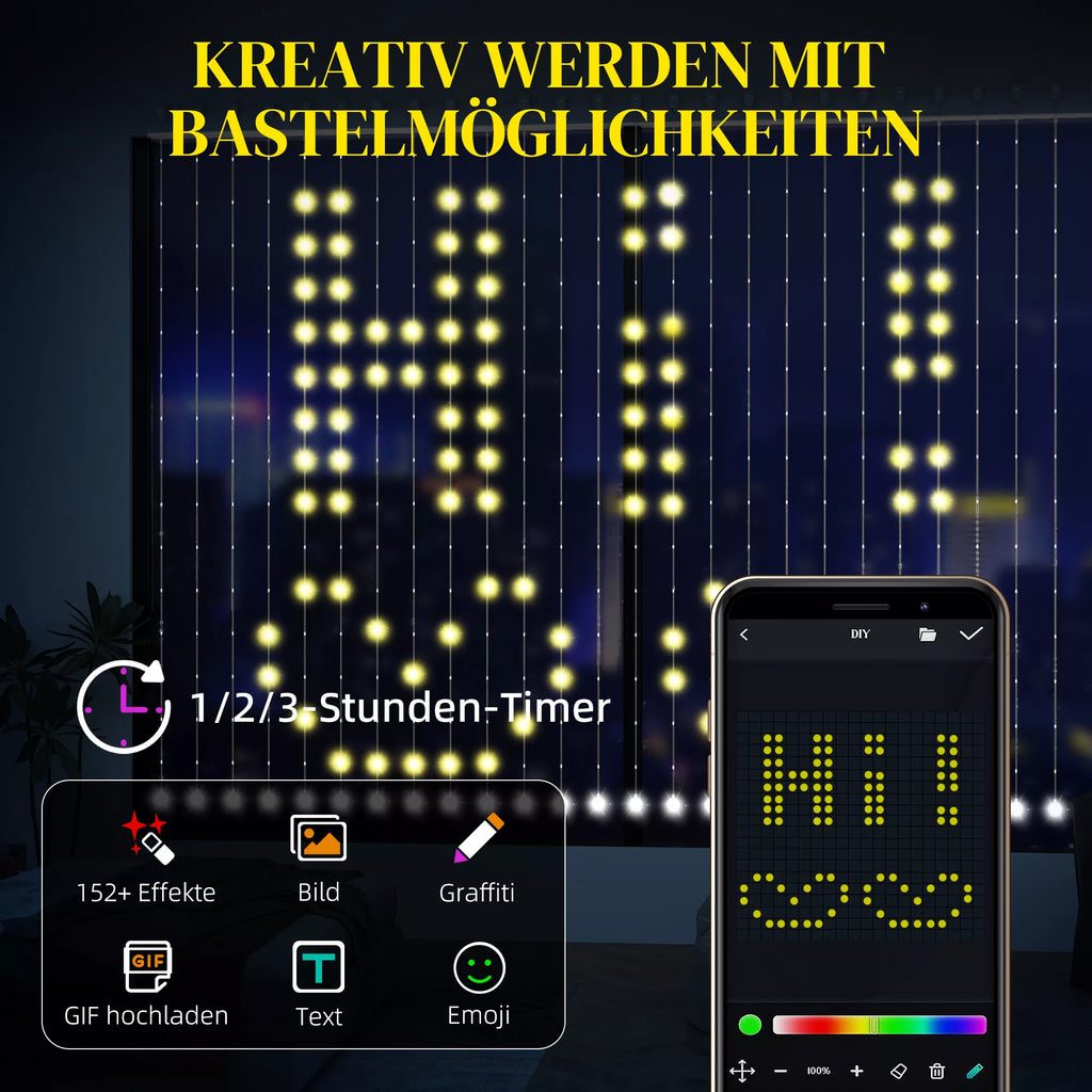 Užuolaida su 400 LED žiburėlių, dinamiškos girliandos su muzikos sinchronizavimu miegamajam, svetainei, 3 x 3 m