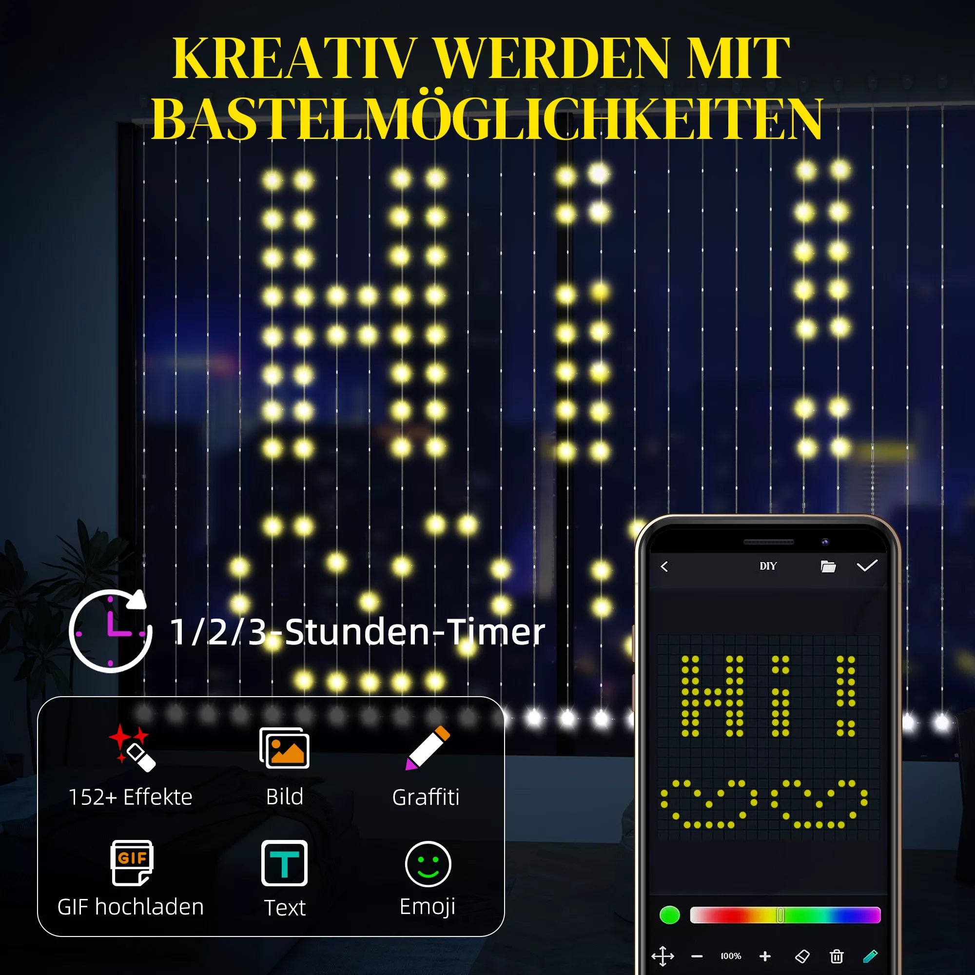 Užuolaida su 400 LED žiburėlių, dinamiškos girliandos su muzikos sinchronizavimu miegamajam, svetainei, 3 x 3 m