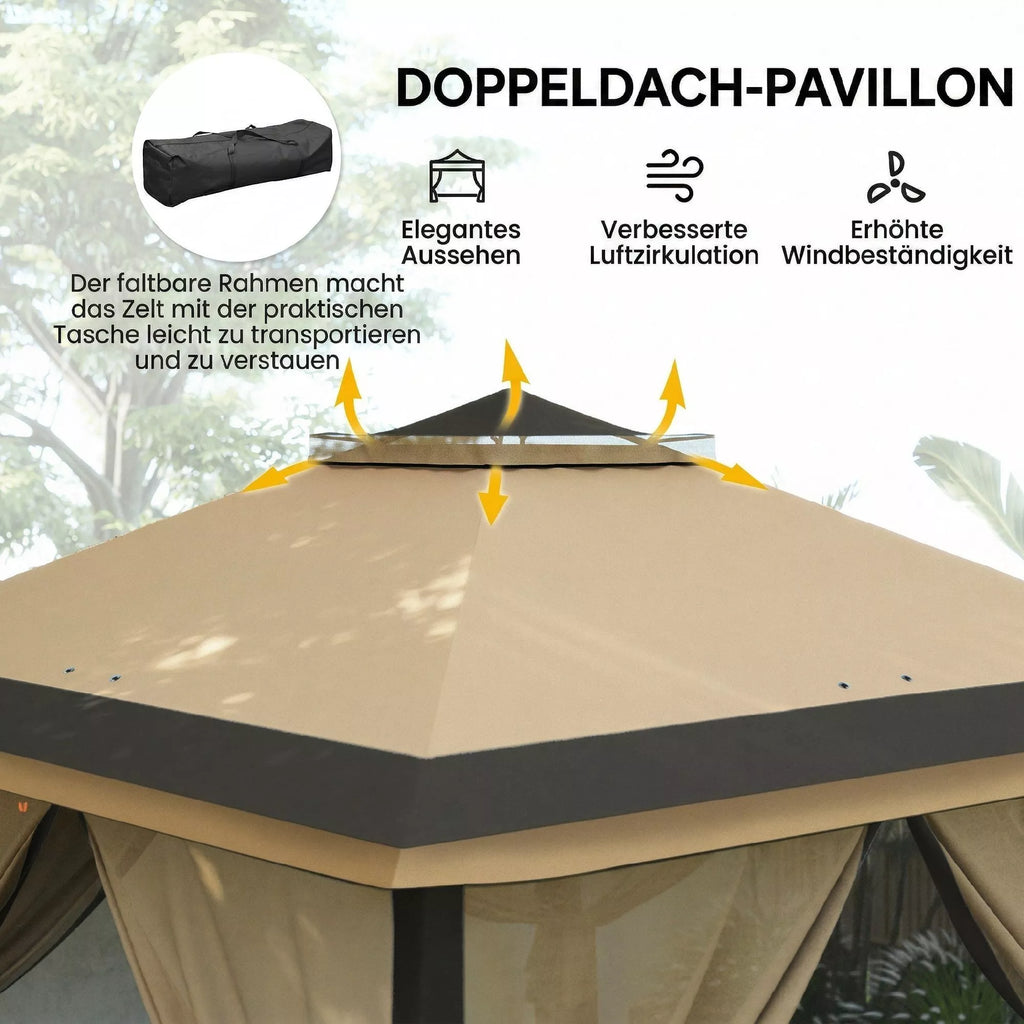 Sulankstomas paviljonas, sodo paviljonas, metalas ir audinys, tinklinės užuolaidos, drenažo angos, 330L x 330B x 288H cm, smėlio spalvos