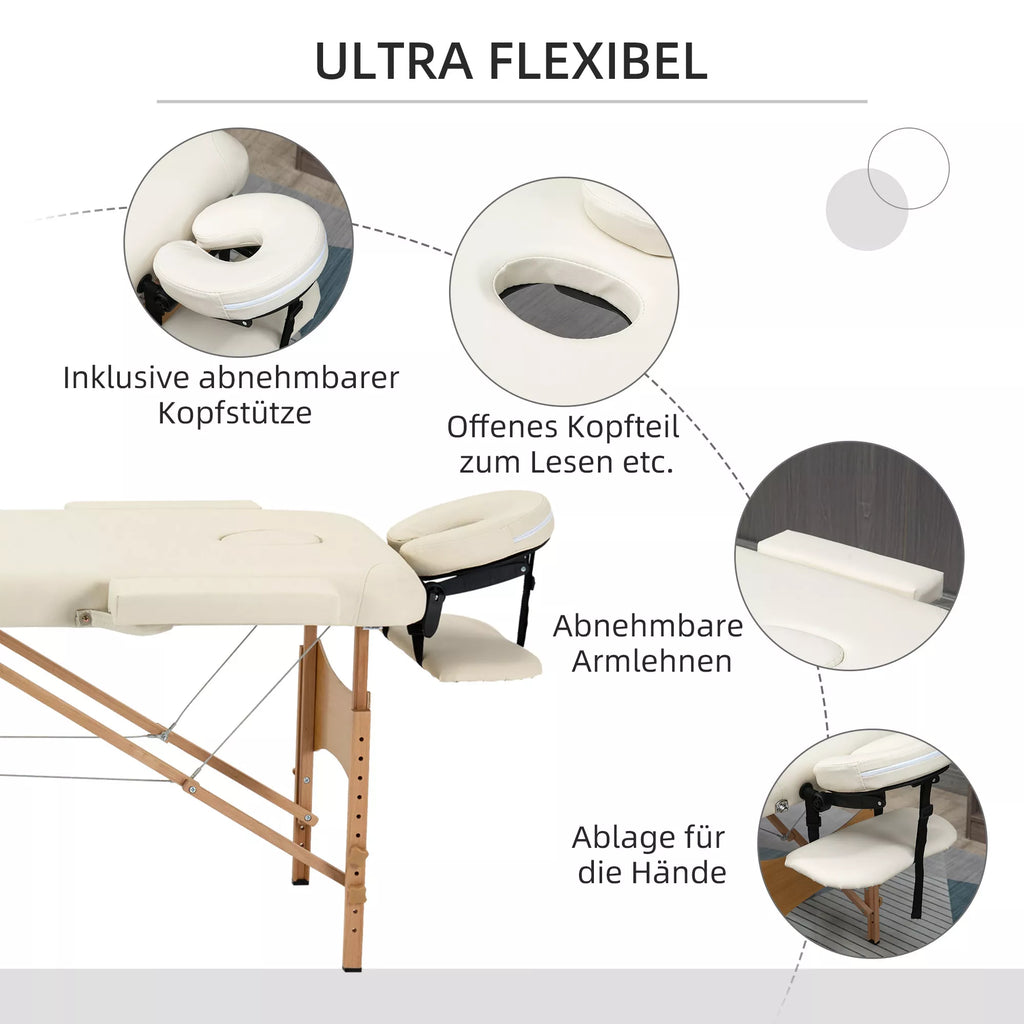 Masažuoklis, sulankstomas masažo stalas, aukščio reguliuojamas masažo suolas SPA, salonui, dirbtinė oda, mediena, kreminės baltos spalvos