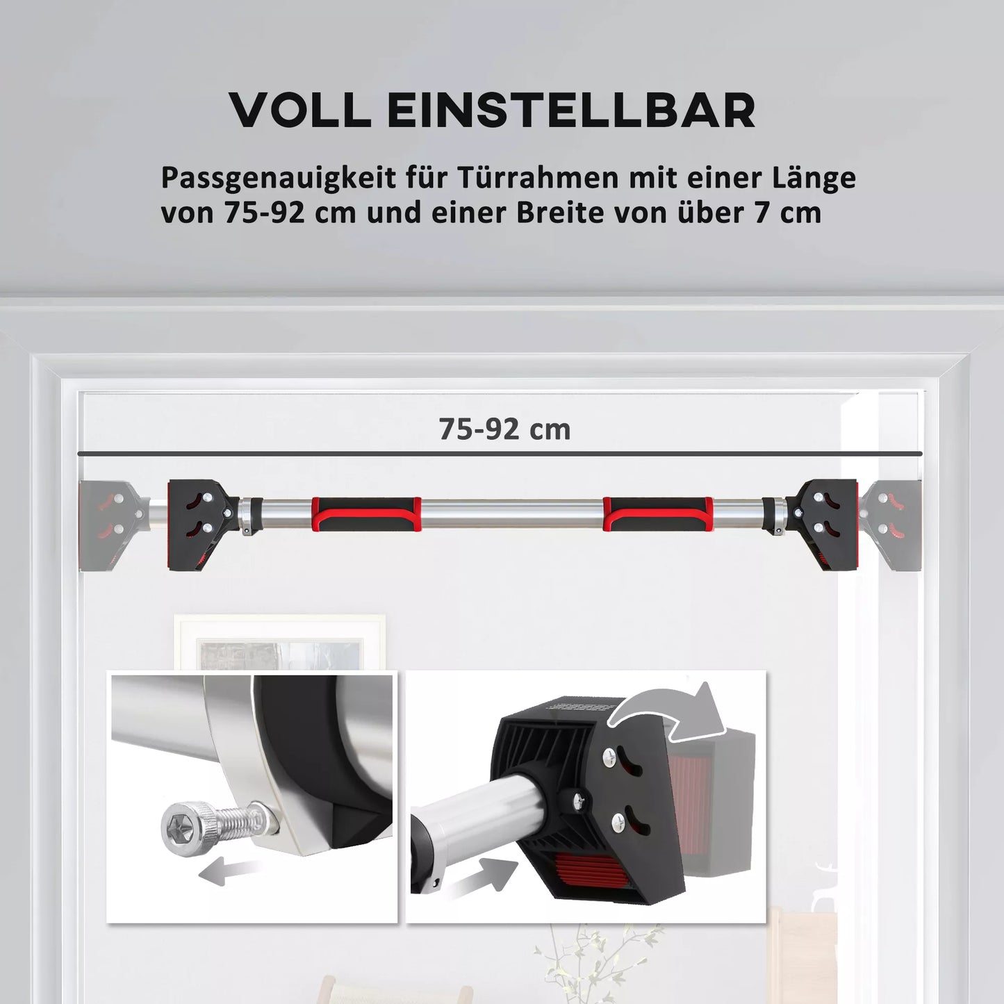 Reguliuojamas prisitraukimų strypas durų staktoms, montuojamas be gręžimo, plieninis, iki 200 kg, 75-92 x 10 x 7 cm, juodas/raudonas