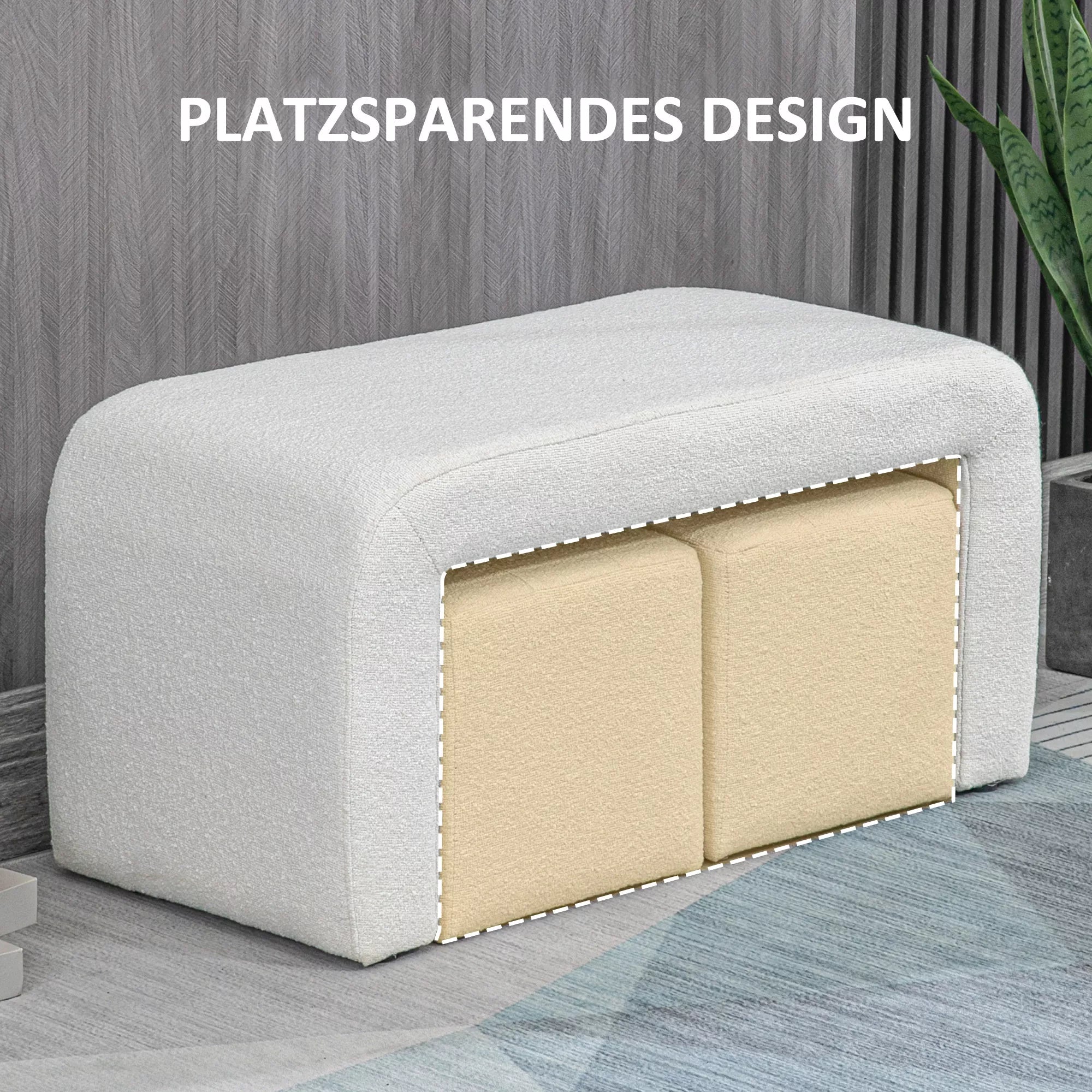 Pufų komplektas, 3 dalių, su sagčių dygsniavimu, 89 cm x 42,5 cm x 45 cm, kreminės spalvos