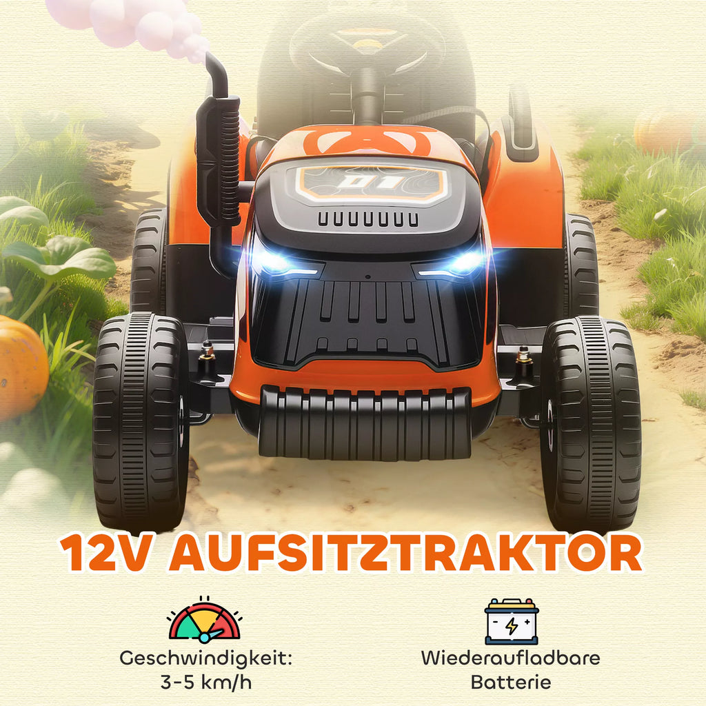 Vaikiškas elektromobilis traktorius su priekaba, iki 30 kg, 3–8 metų vaikams, oranžinis