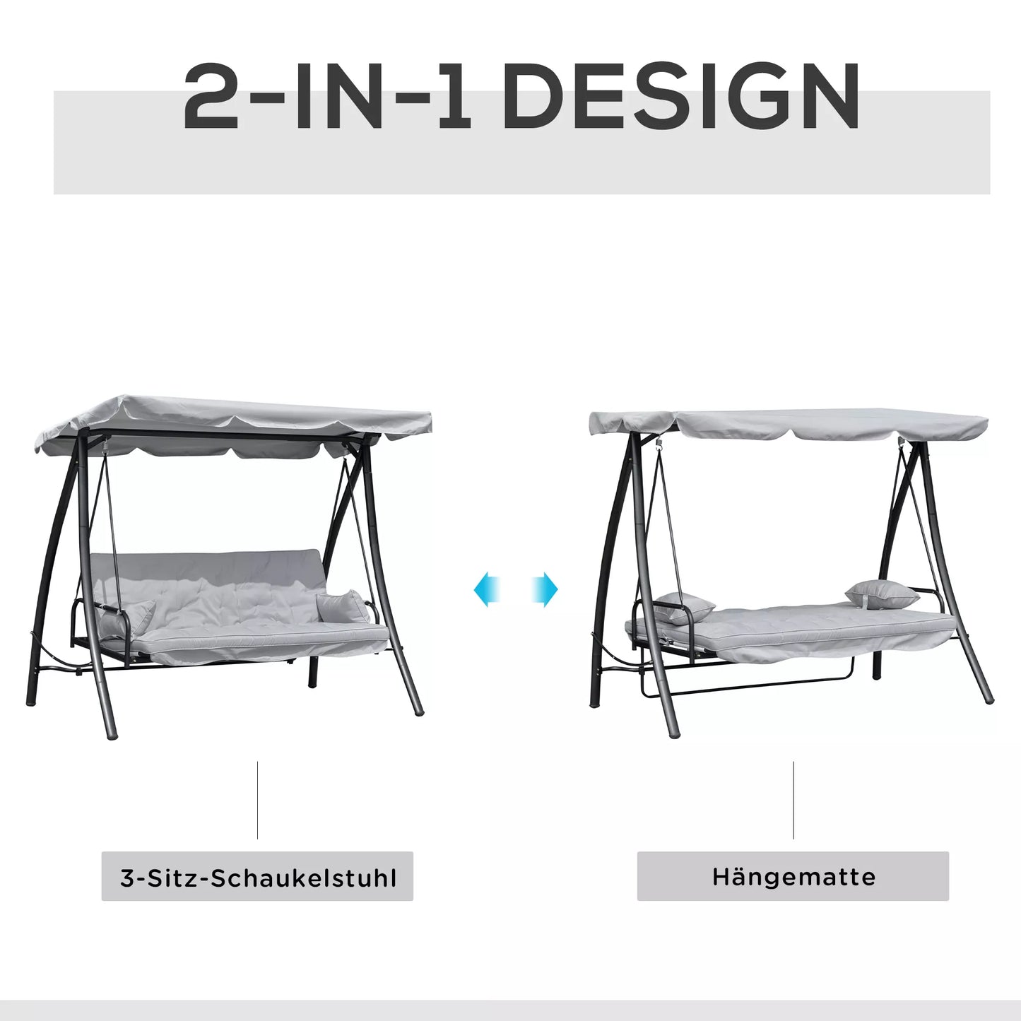 Sūpuoklės sodui, supamoji 3 vietų, su gulėjimo funkcija, metalas+poliesteris, pilka, 209 x 114 x 170 cm