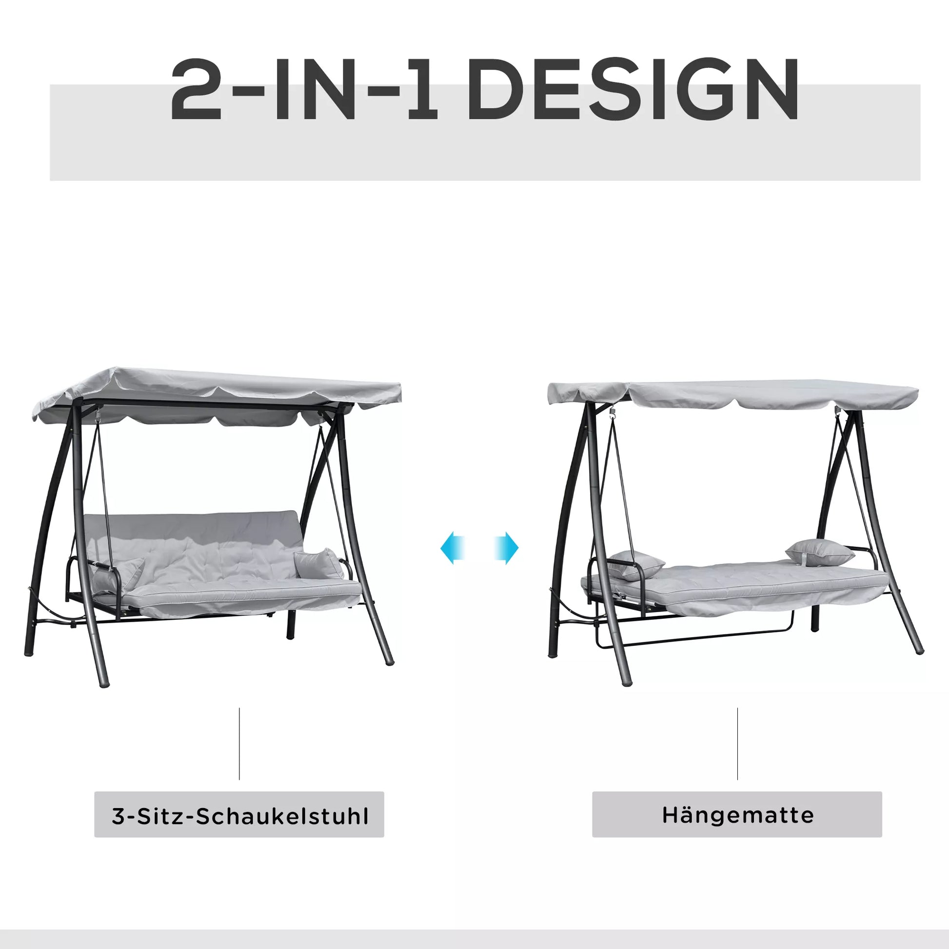 Sūpuoklės sodui, supamoji 3 vietų, su gulėjimo funkcija, metalas+poliesteris, pilka, 209 x 114 x 170 cm
