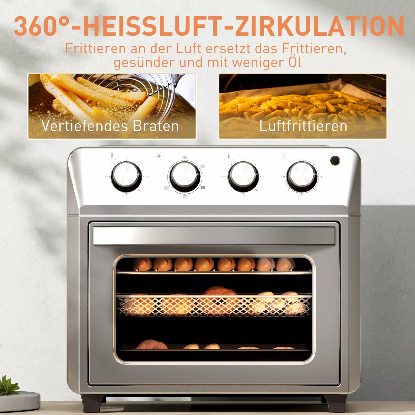 Minikepimo orkaitė su „AirFryer“ funkcija, 6 kaitinimo režimai, laikmatis, priedai, 24 l, sidabrinė