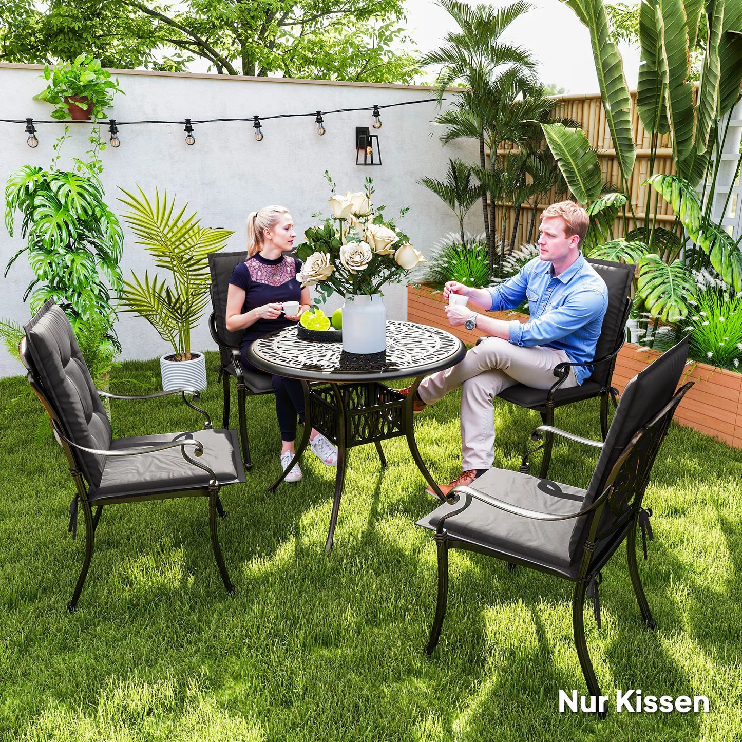 4 vnt. komplektas sėdimųjų pagalvėlių 108 x 50 x 5 cm, pagalvėlės kėdėms su raišteliais, lauko ir vidaus, tamsiai pilkos