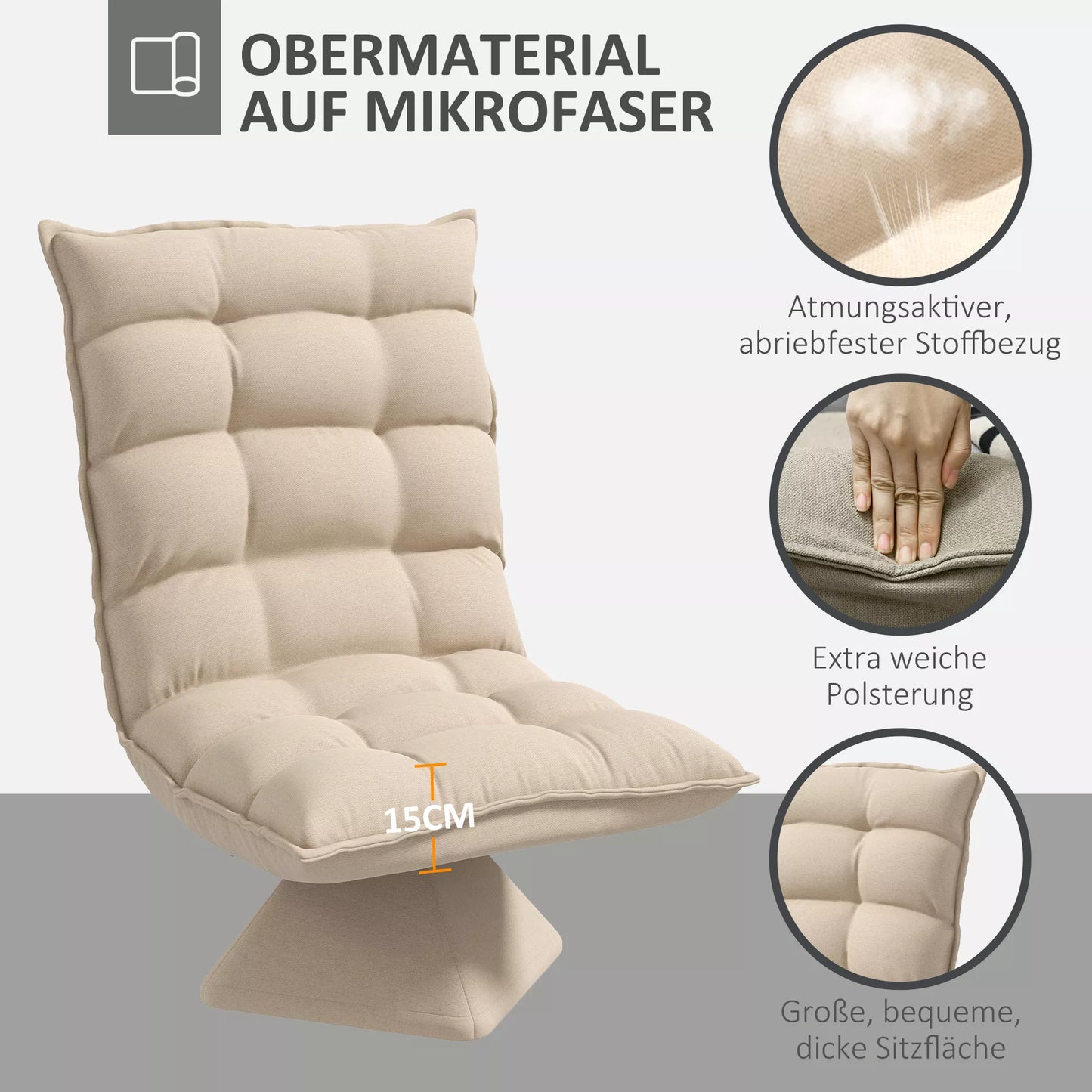 Relaksacinis skaitymo krėslas, sukamasis, lininio audinio išvaizda, 62 cm x 70 cm x 95 cm, smėlio spalvos