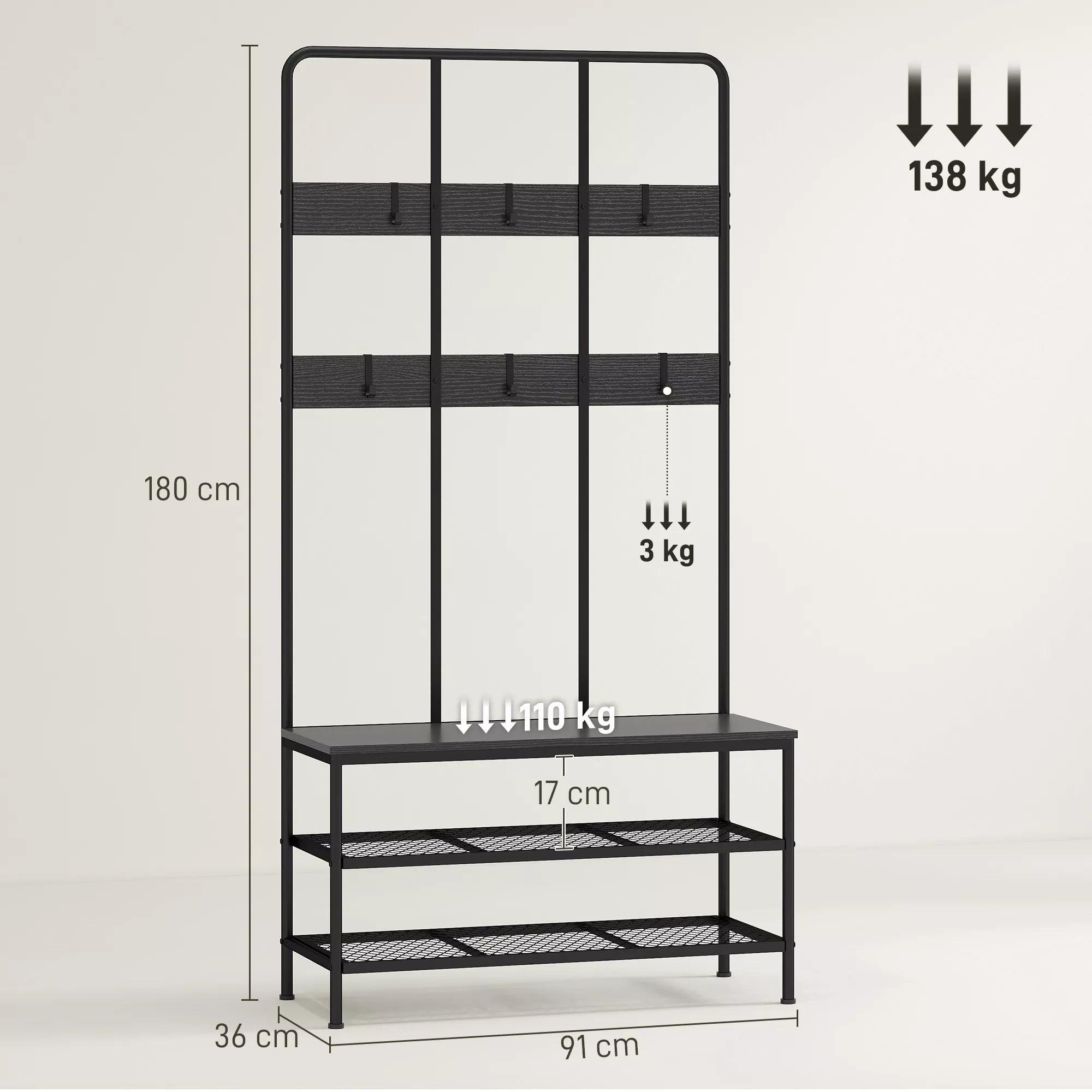 Infografika su juodos kabyklos matmenimis: 91 cm plotis, 180 cm aukštis, 138 kg talpa