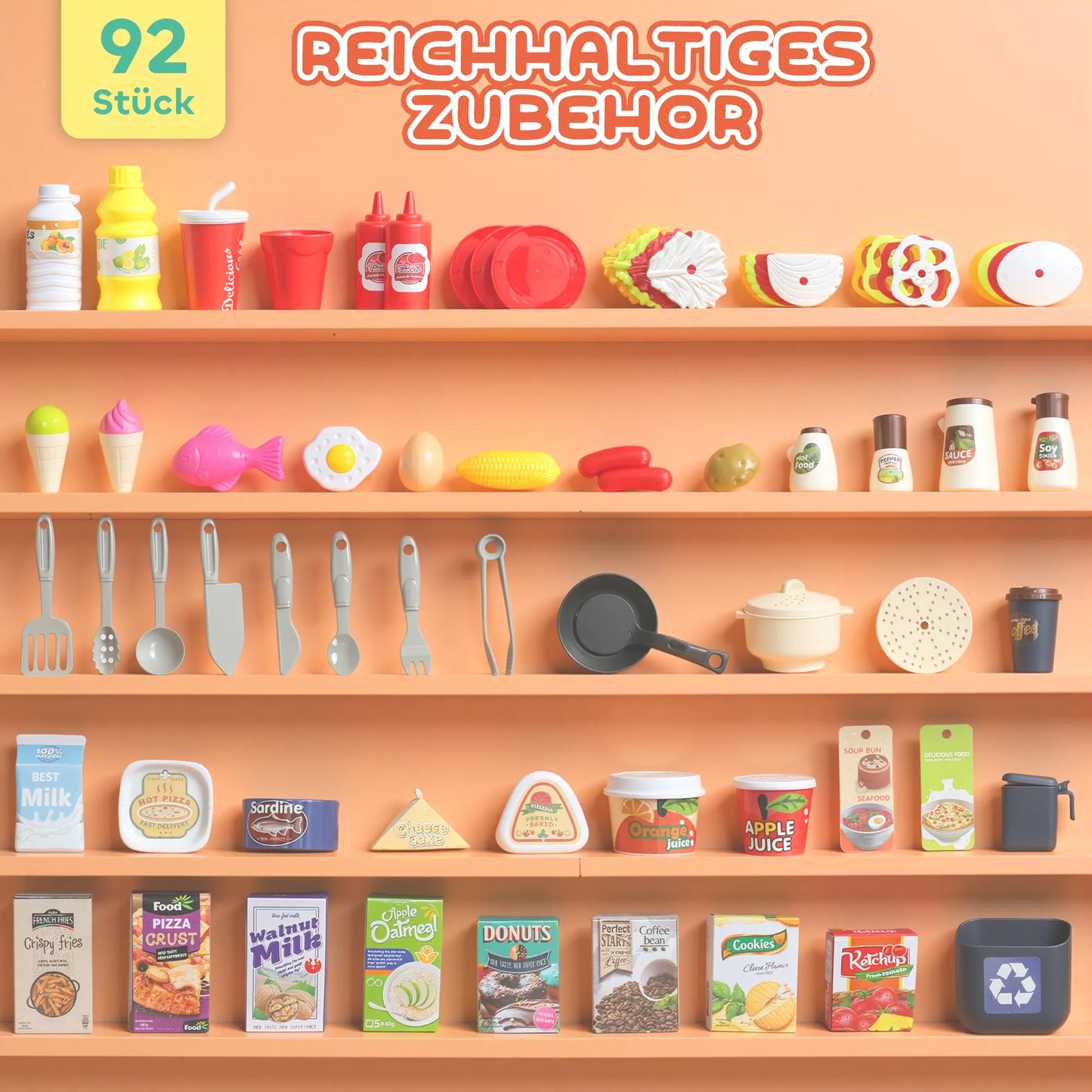 92 dalių virtuvės rinkinys vaikams, vandens čiaupas, plastikas, 3–6 metai, žalias