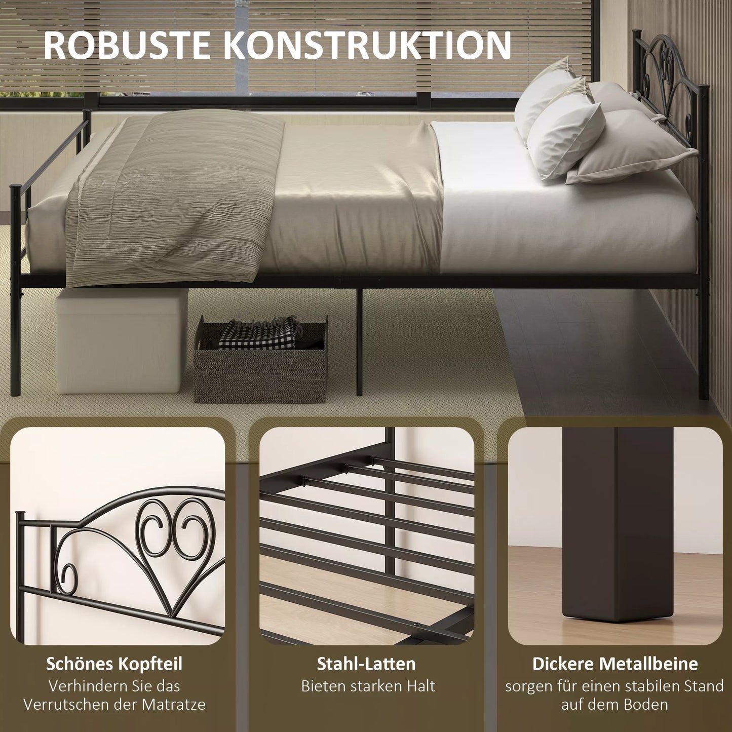 Metalinis lovos rėmas su galvūgalio dalimi, 300 kg apkrova, 145L x 211B x 106H cm, juodas