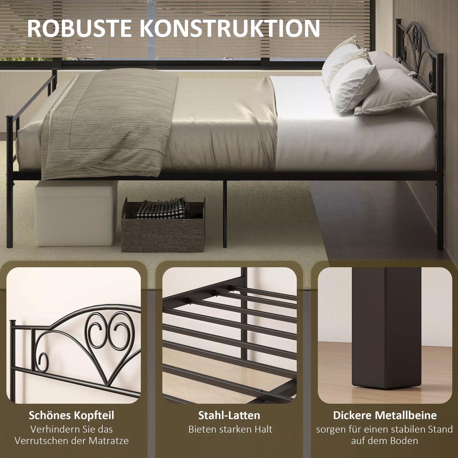 Metalinis lovos rėmas su galvūgalio dalimi, 300 kg apkrova, 145L x 211B x 106H cm, juodas