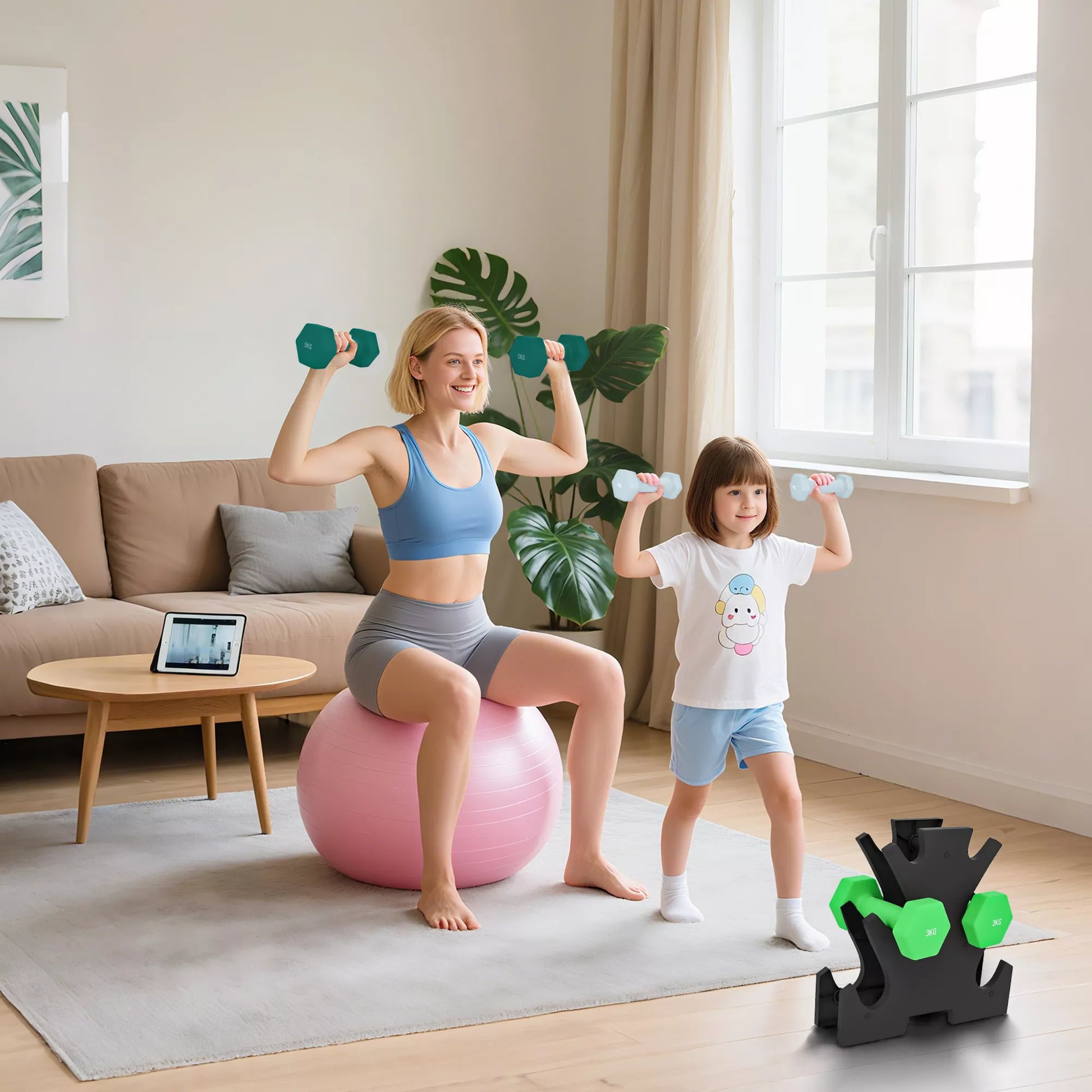 Hantelių rinkinys su laikymo stovu, 6 hantelių komplektas fitneso treniruotėms, 2 x 1kg, 2 x 3kg, 2 x 5kg