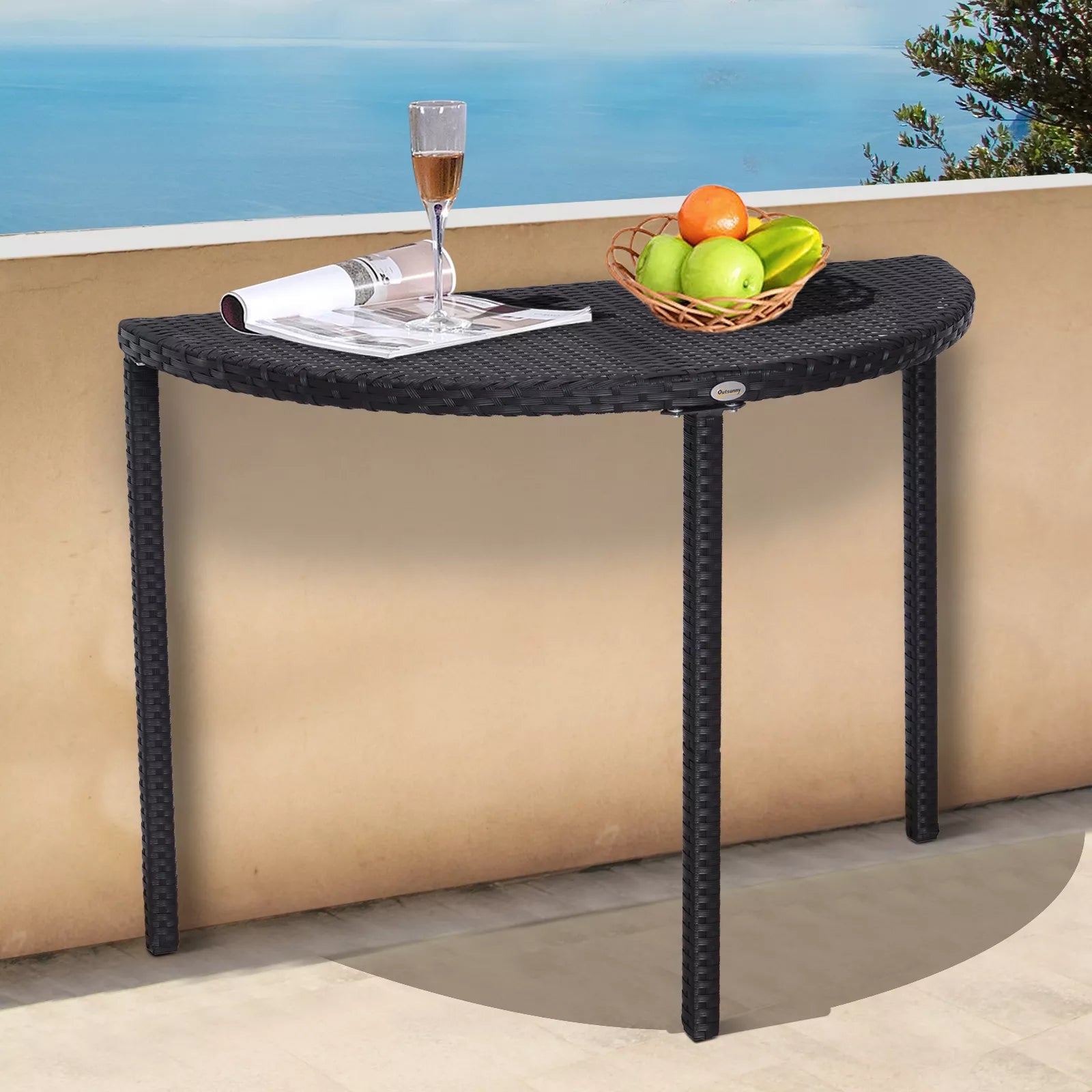 Balkono stalas Sodo staliukas Stalas Sodo baldai pusapvalus Polirattan Metalas Juodas 100 x 50 x 74 cm