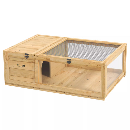 Medinis vėžlių namelis, vėžlių voljeras su pagrindiniais nameliais, atidaromas viršus, 91 x 60,5 x 32 cm, geltonas