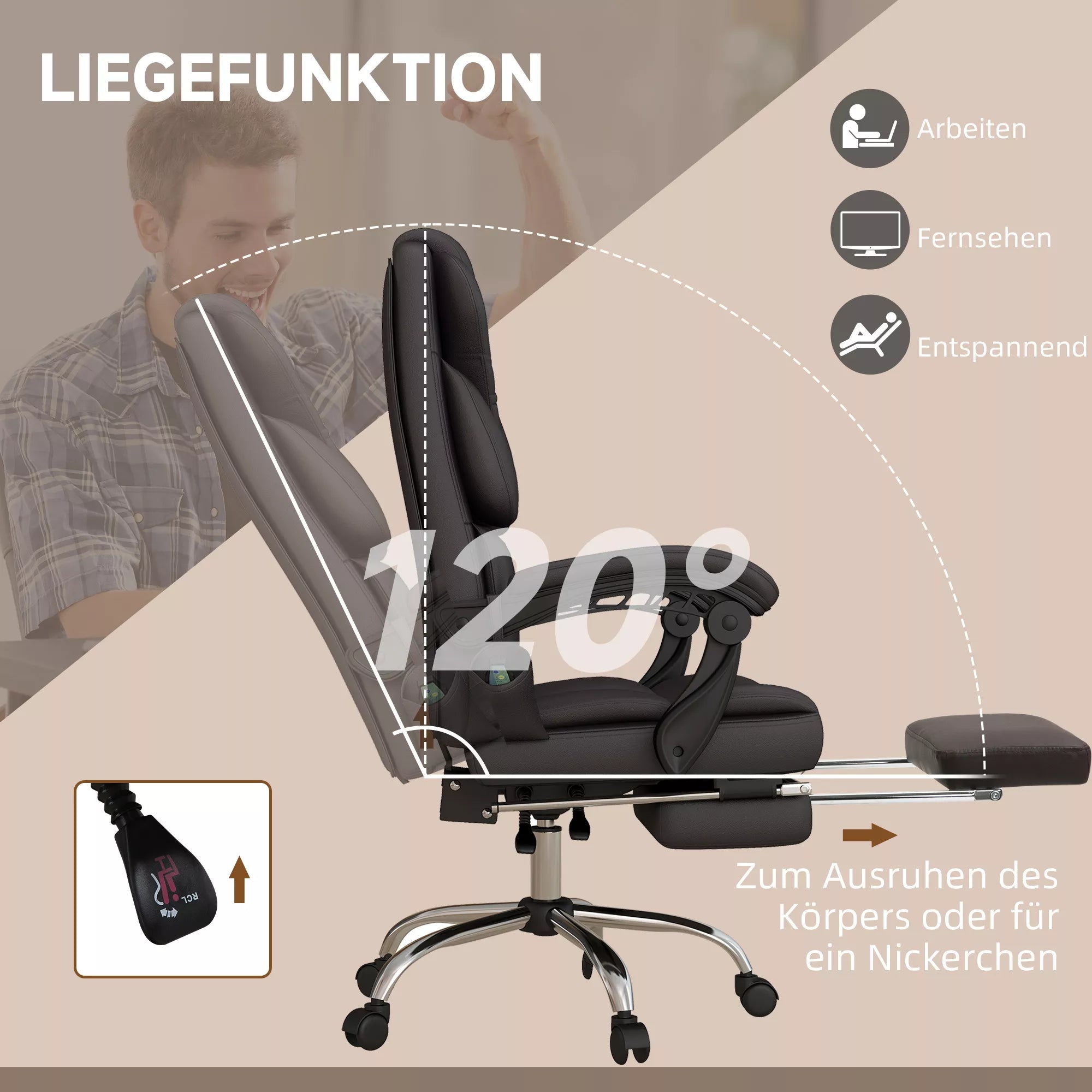 Biuro kėdė su masažo funkcija, ergonomiška, atlošiama, 63x57x118, ruda