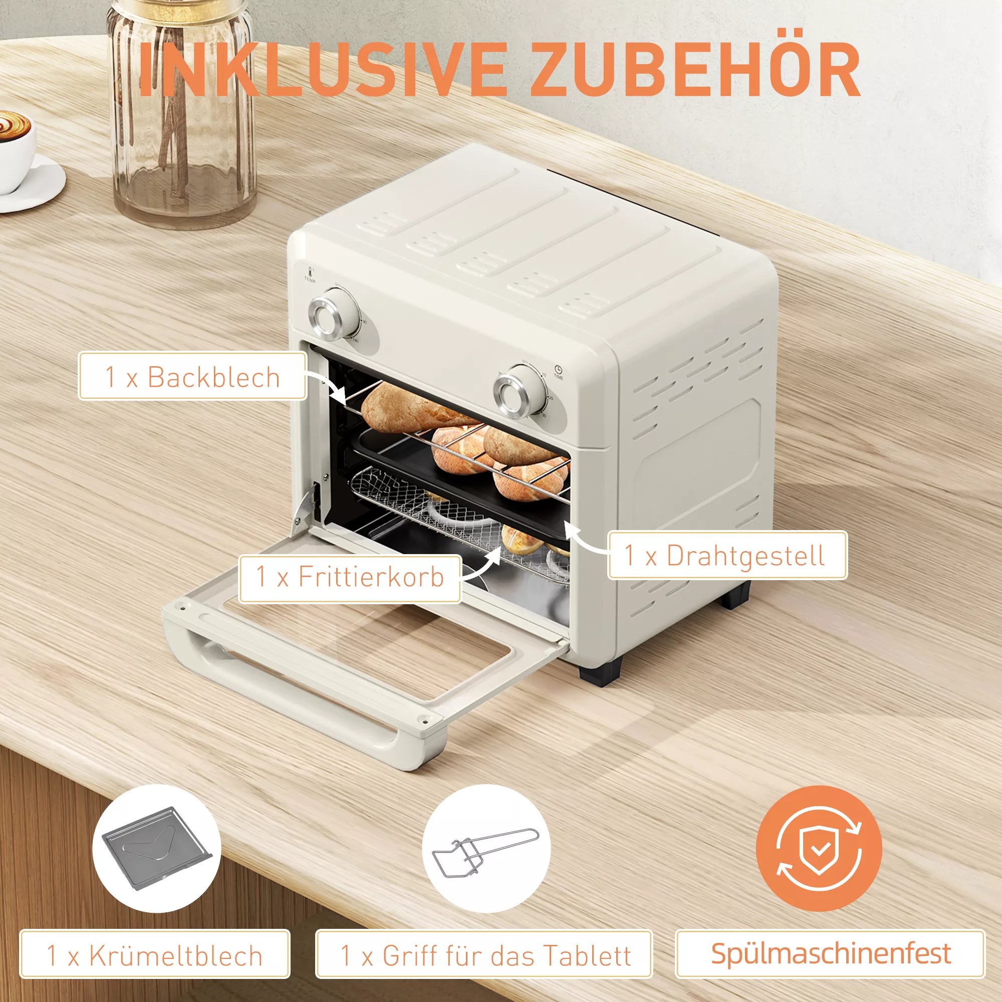 10 l karšto oro orkaitė kepimui, kepimui ir gruzdinimui, laikmatis, 1000 W, galima plauti indaplovėje, kreminė balta spalva