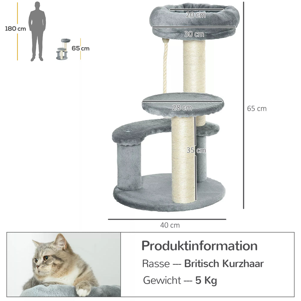 Infografika su pilkos katės draskyklės matmenimis: 40 cm pagrindas, 65 cm aukštis, lyginamas su 180 cm žmogumi
