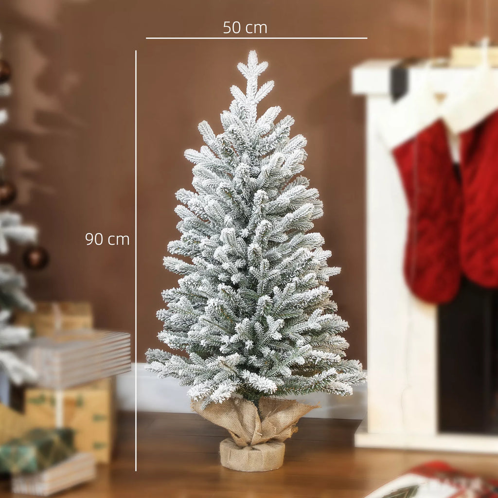 Mini dirbtinė Kalėdų eglutė 90 cm, su sniegu, 486 šakos, cementinis pagrindas, lininis užvalkalas