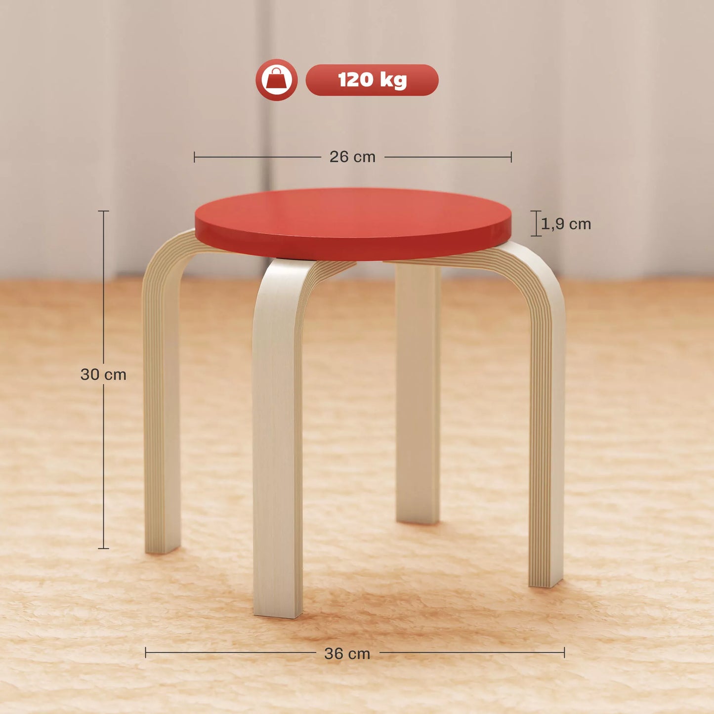 4 sukraunami pufai su veltinio padukais, beržo fanera, lakuotas, spalvotas