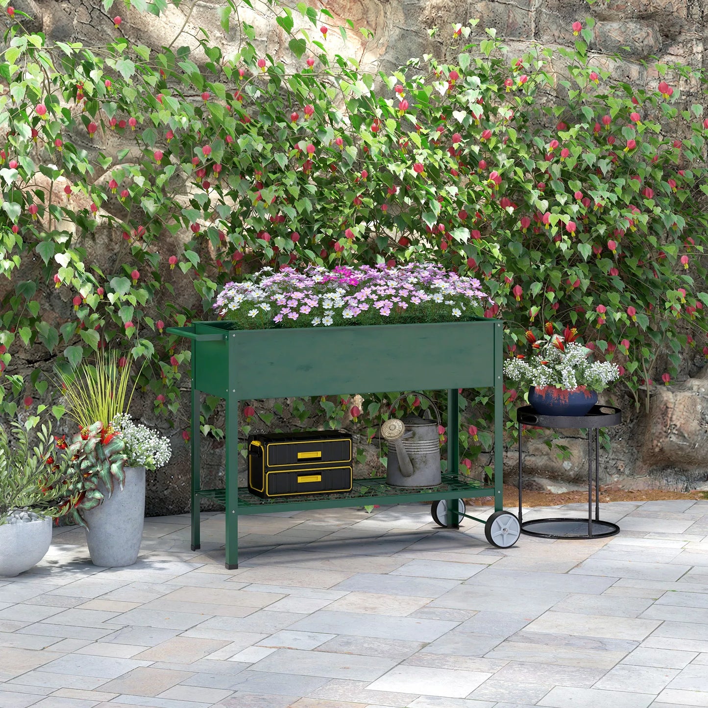 Outsunny Pakeltas vazonas augalams, 1 lentyna, 2 ratukai, 109 cm x 44 cm x 80 cm, Žalias