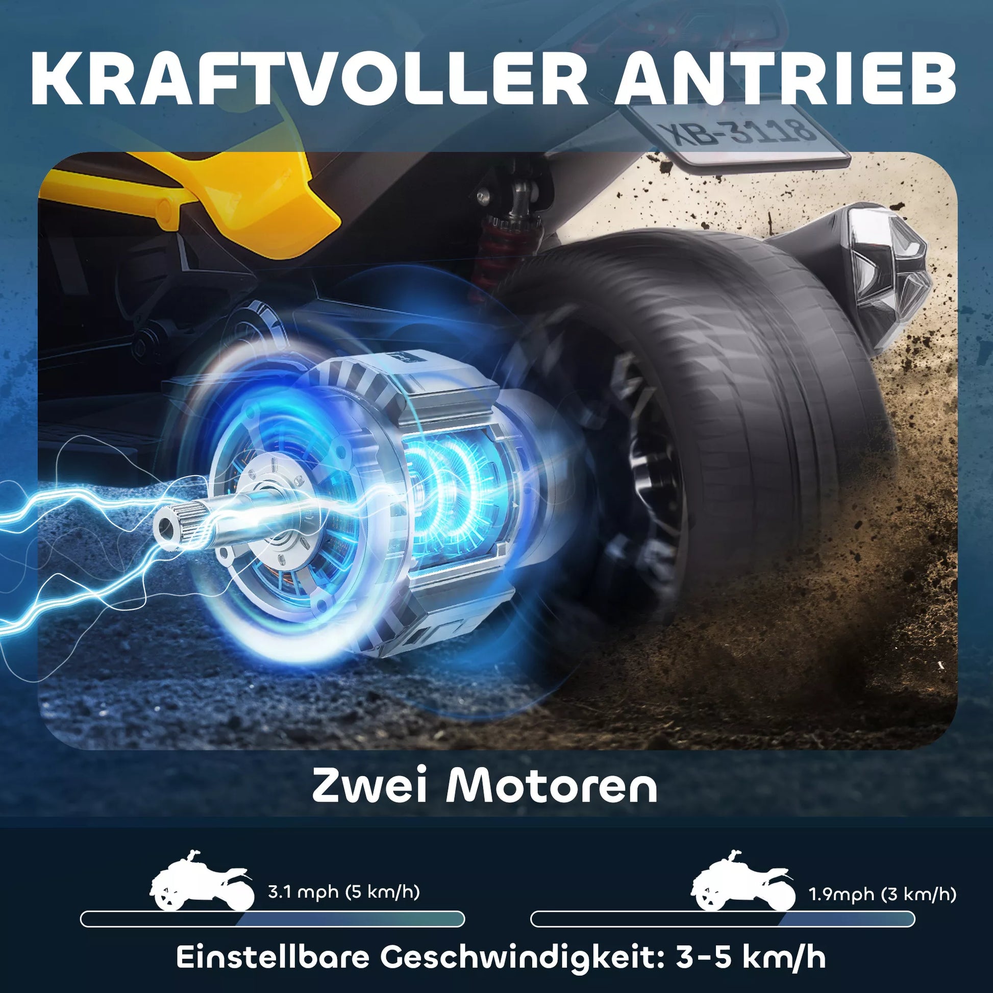 Elektrinė vaikiška transporto priemonė, atvirkščio triračio dizainas, varoma baterija, MP3 grotuvas, garso signalas, 2 greičiai, LED žibintai, 3-8 metai, geltona spalva