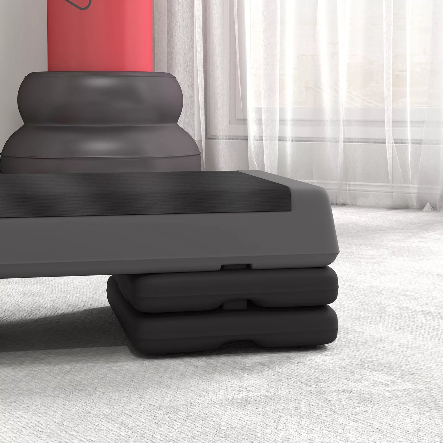 Aukščio reguliuojamas fitneso steperis, neslystantis, tinkamas naudoti namuose, sporto salėje arba biure, plastikas, pilkas