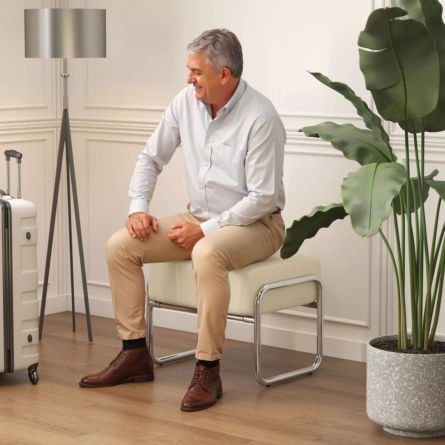 Pėdų pufas Sėdimoji kėdė Storas paminkštintas pufas su šenilio audiniu ir plieninėmis kojomis miegamajam, smėlio spalvos