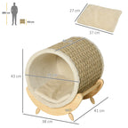 Katės namelio schema su matmenimis 43, 41, 39 ir 38 cm bei žmogaus siluetas