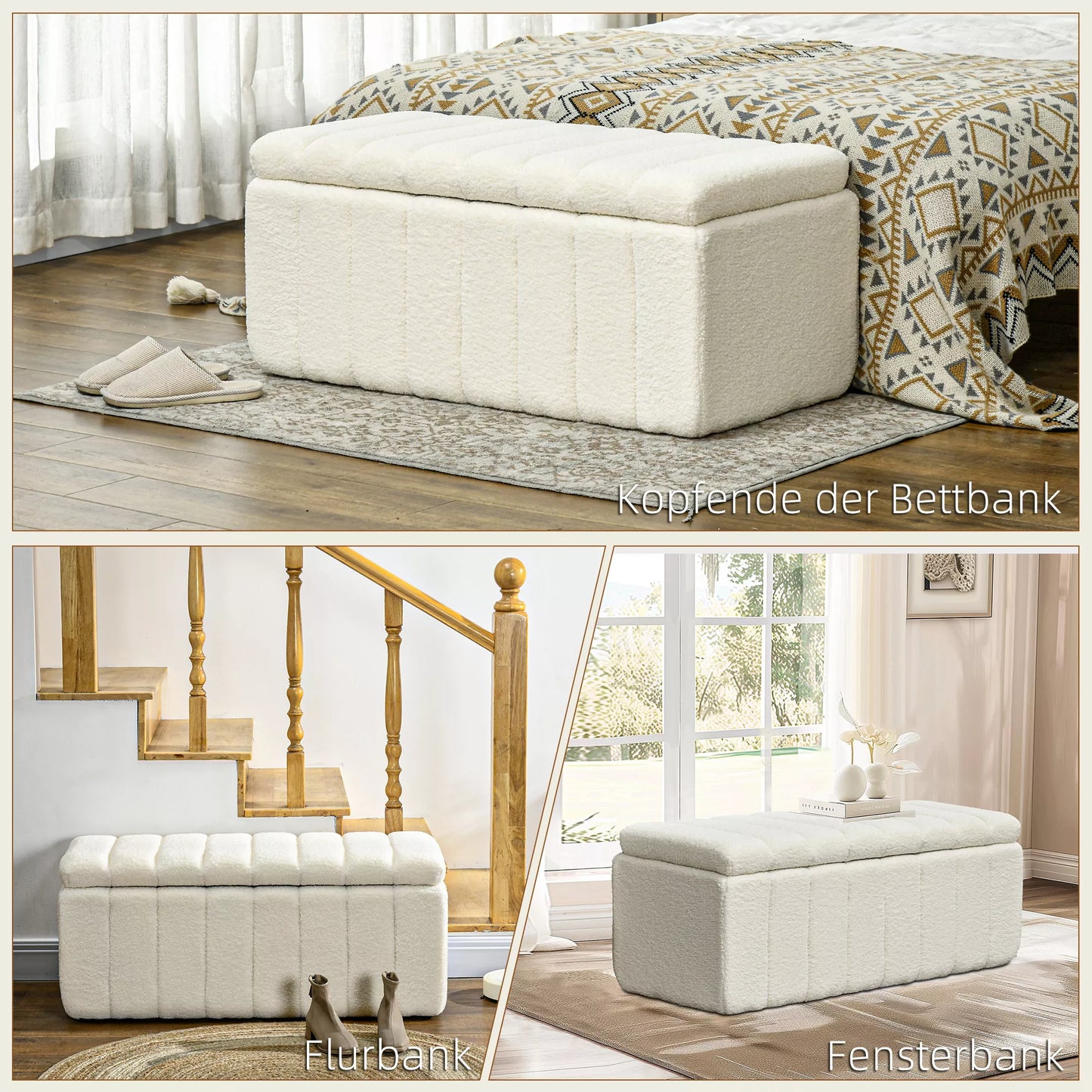 HOMCOM Minkštasuolis su laikymo vieta, atlaiko iki 120kg, 102x45x46cm, kreminės baltos spalvos