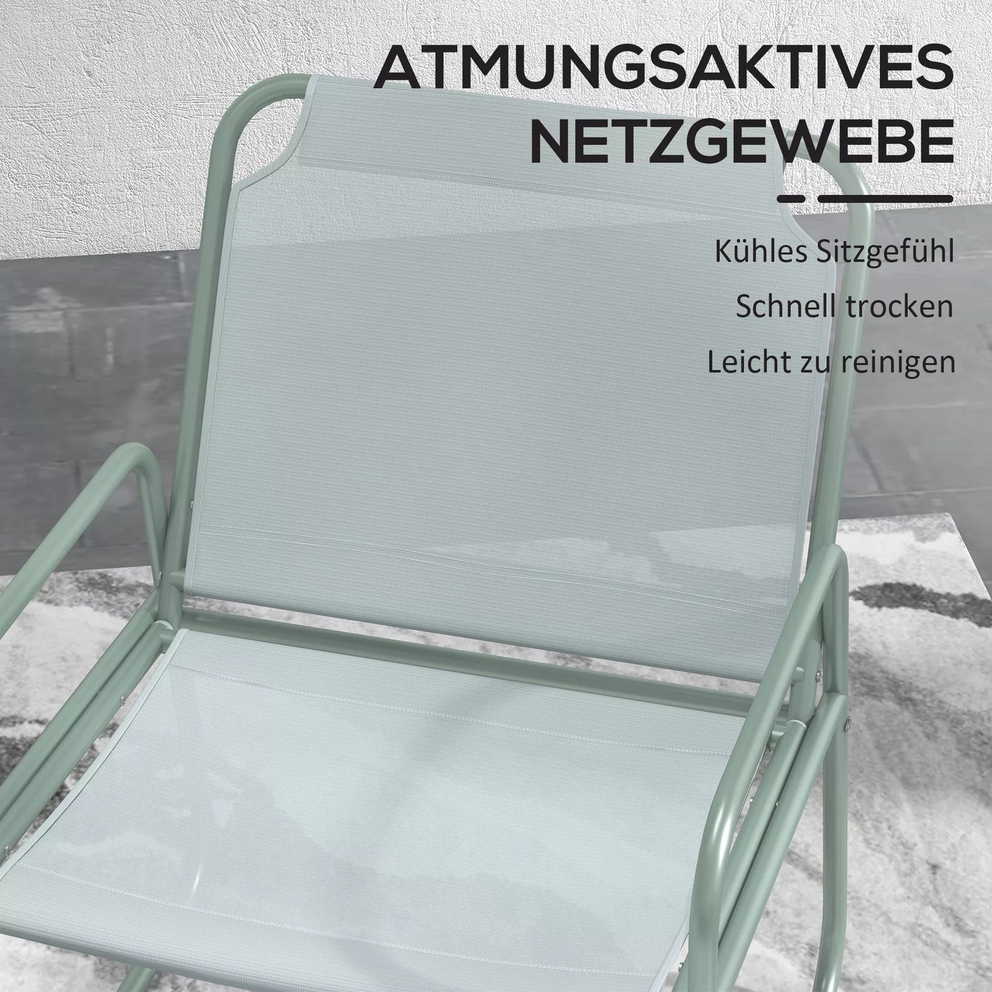 3 dalių sodo baldų komplektas, 2 kėdės su kvėpuojančiu audinio užvalkalu, 1 apvalus stalas Ø60 cm, žalias.