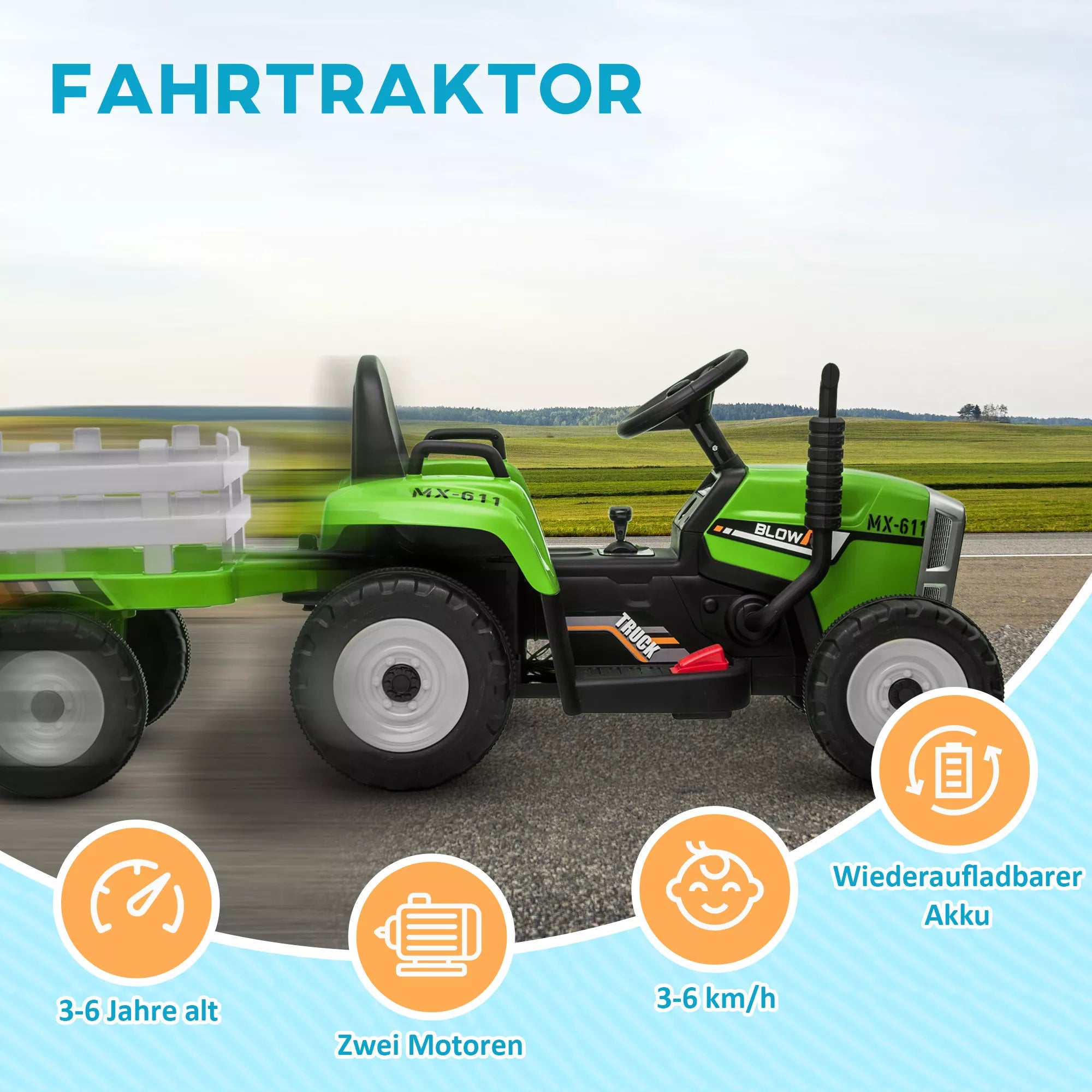 Elektrinis vaikų automobilis, vaikų traktorius, su nuotolinio valdymo pultu tėvams, maks. greitis 6 km/h; žalias + juodas