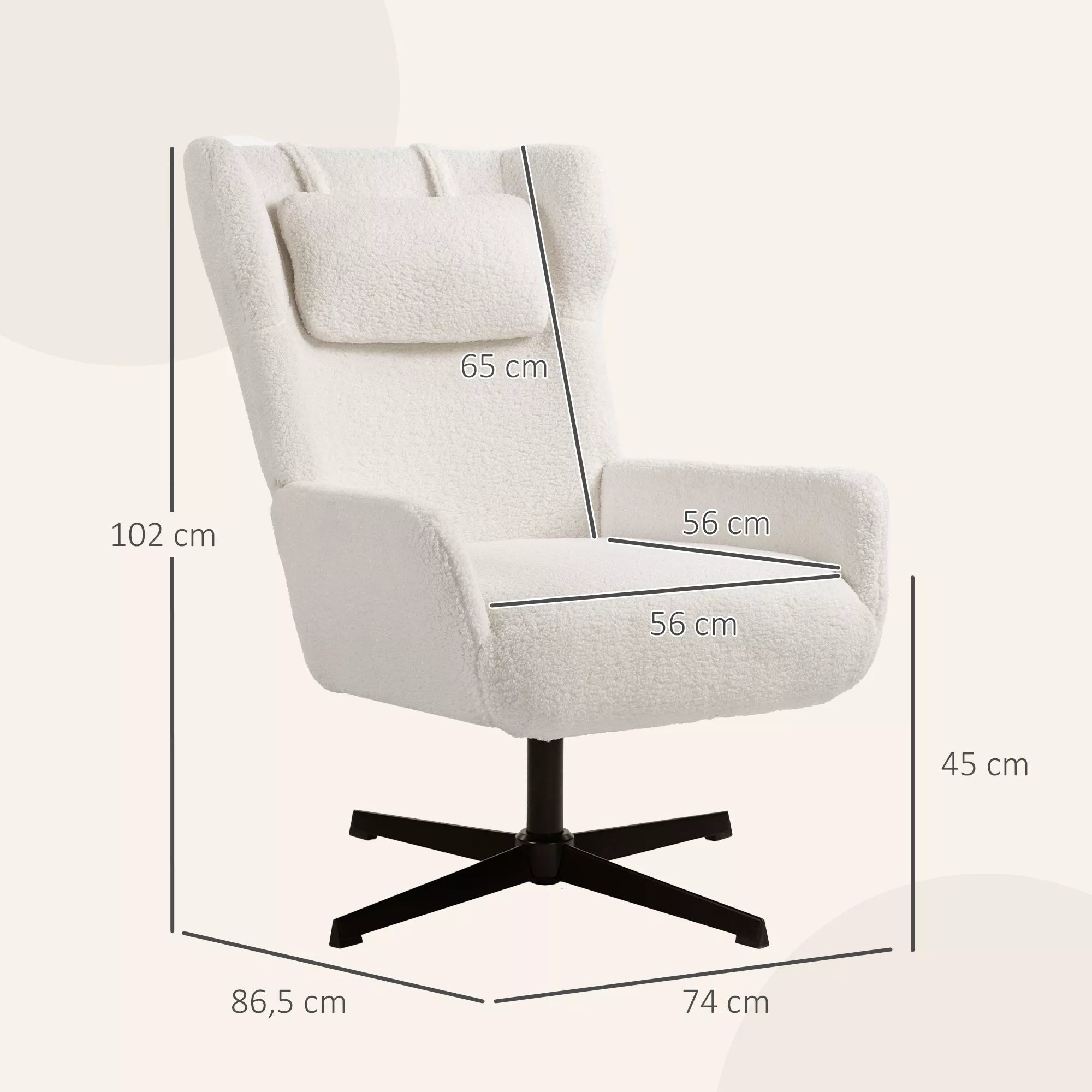 Fotelis besisukantis 360° su Šerpa audiniu 74x86,5x102 cm, kreminės spalvos